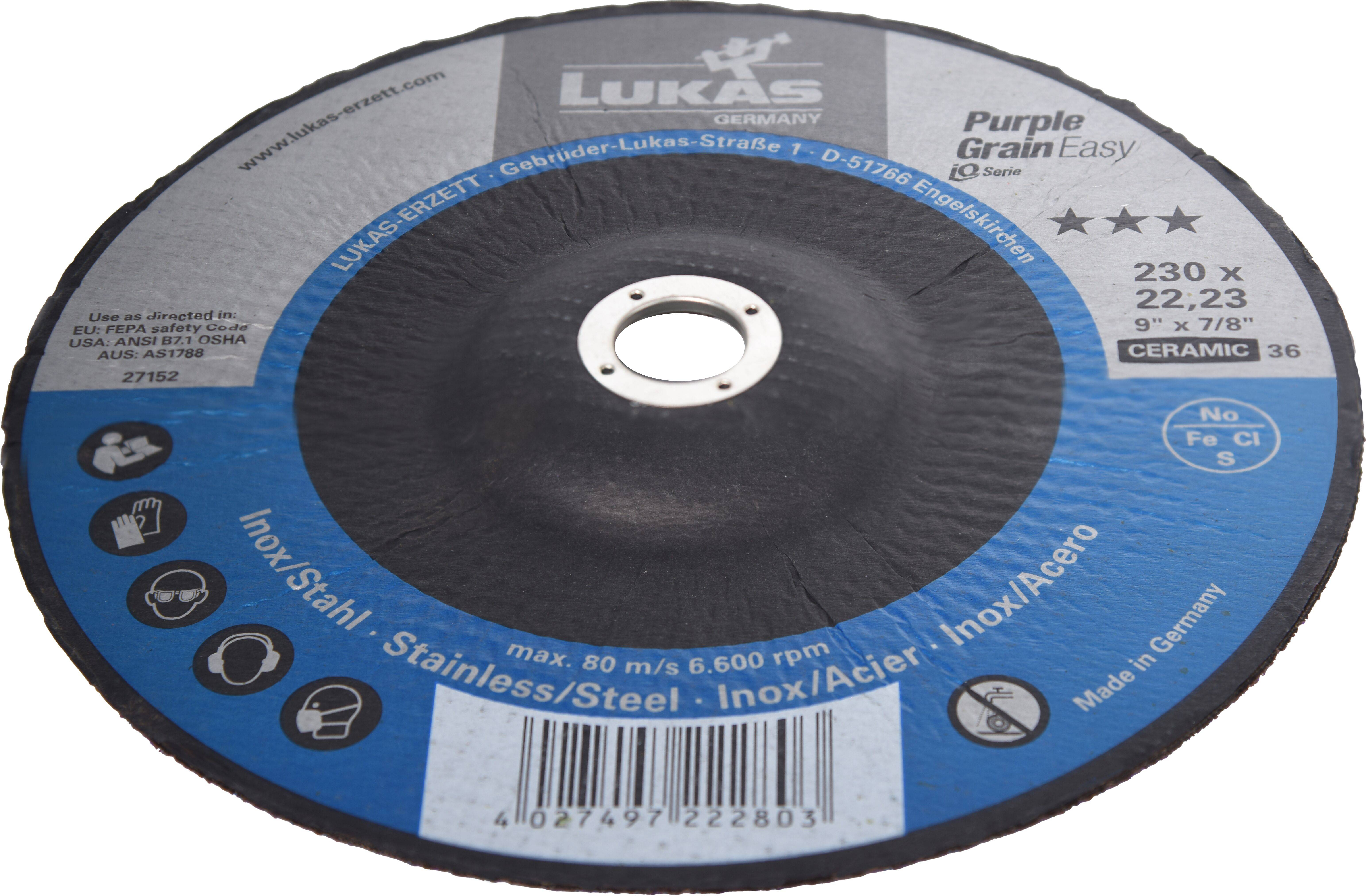 Tarcza szlifierska oznaczona 'Lukas' do stali nierdzewnej, maks. 80 m/s, z oznakowaniem 'Purple Grain Easy'. Wyprodukowana w Niemczech, rozmiar 230 x 22,23 mm.