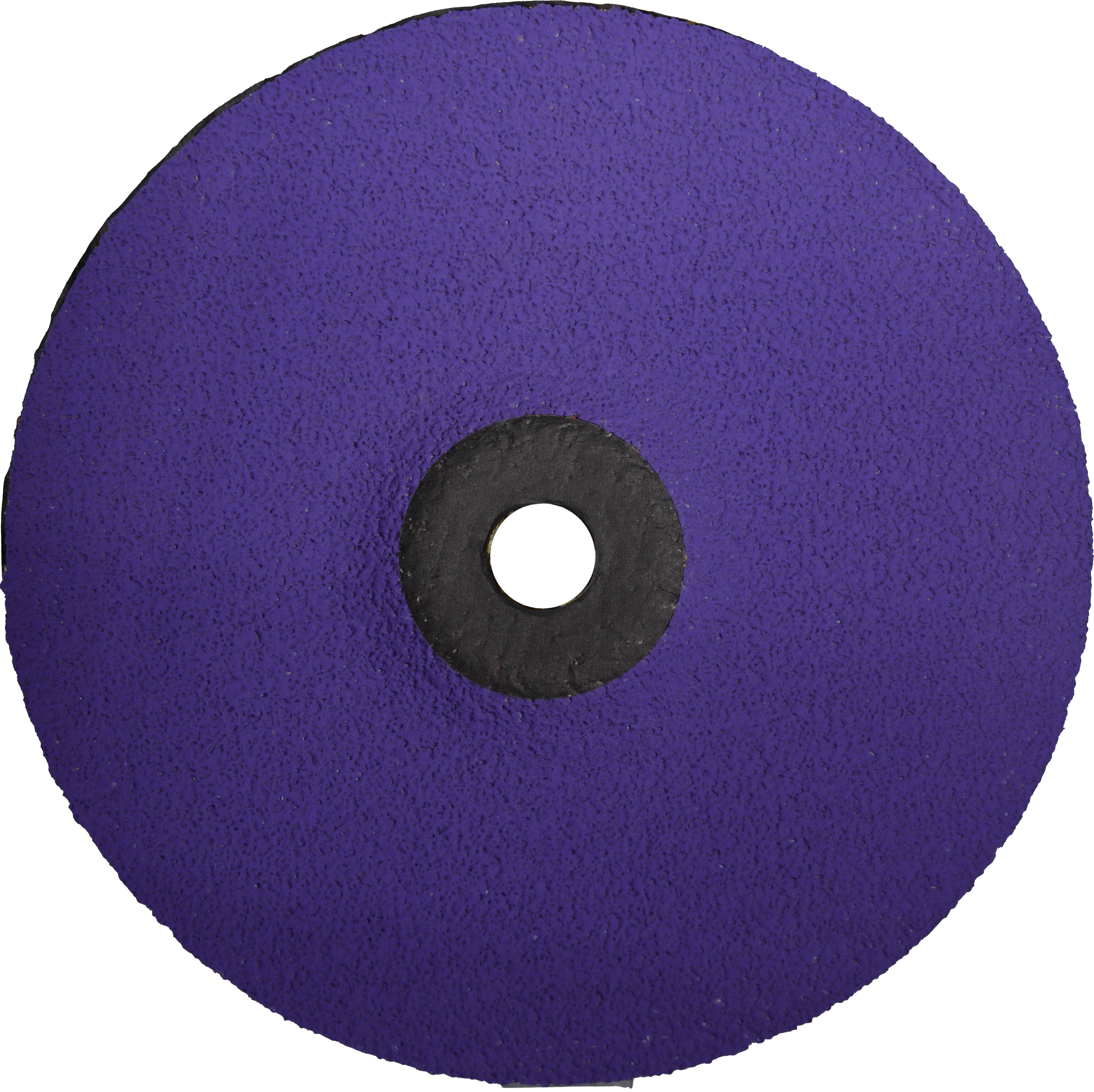 Fioletowa tarcza ścierna z czarnym otworem środkowym, używana do szlifowania lub piaskowania powierzchni.