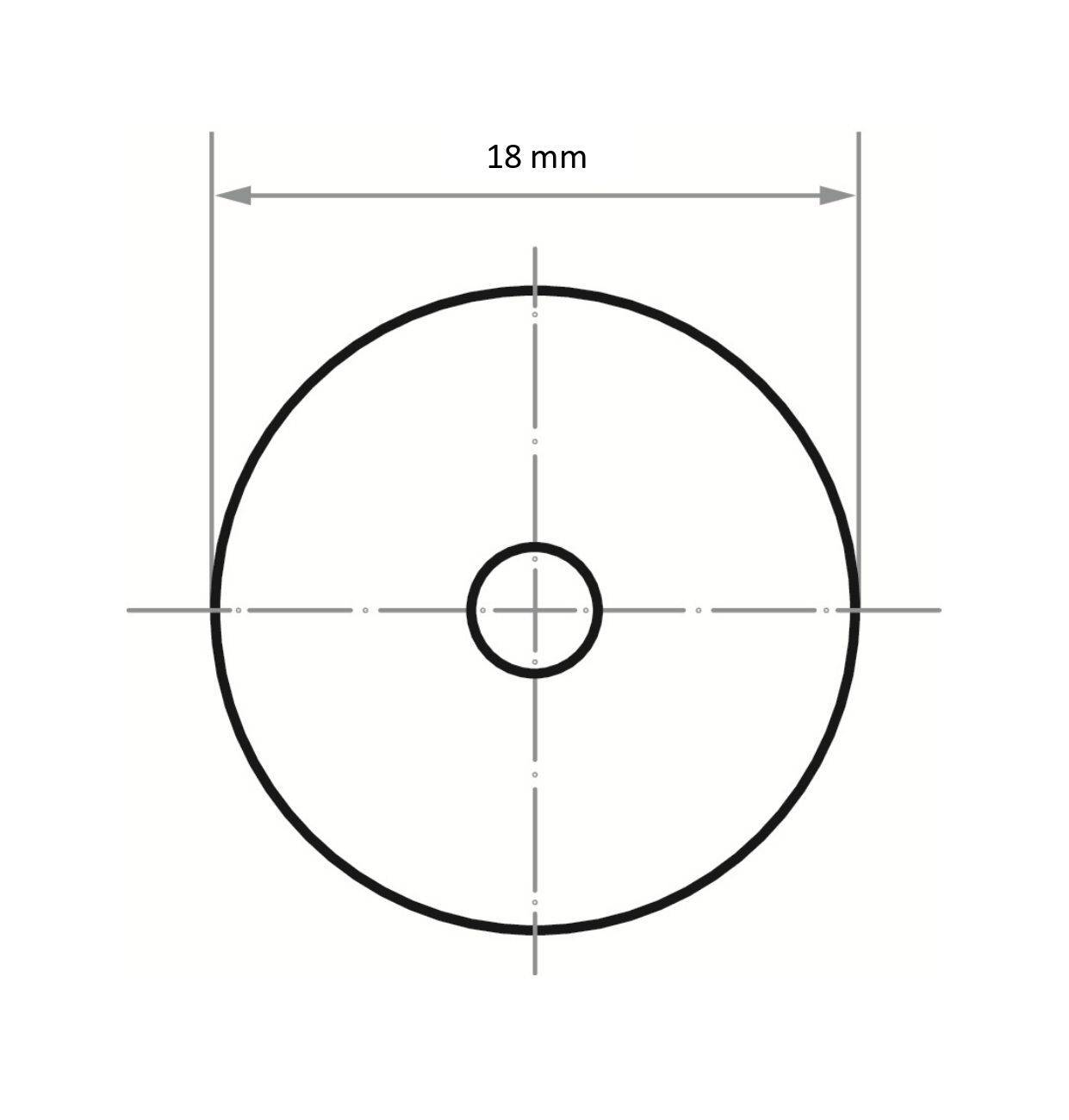 Diagram techniczny przedstawia okrąg o średnicy 18 mm, wyśrodkowany na znaku plus. Okrąg jest obramowany podwójną strzałką linią powyżej niego.
