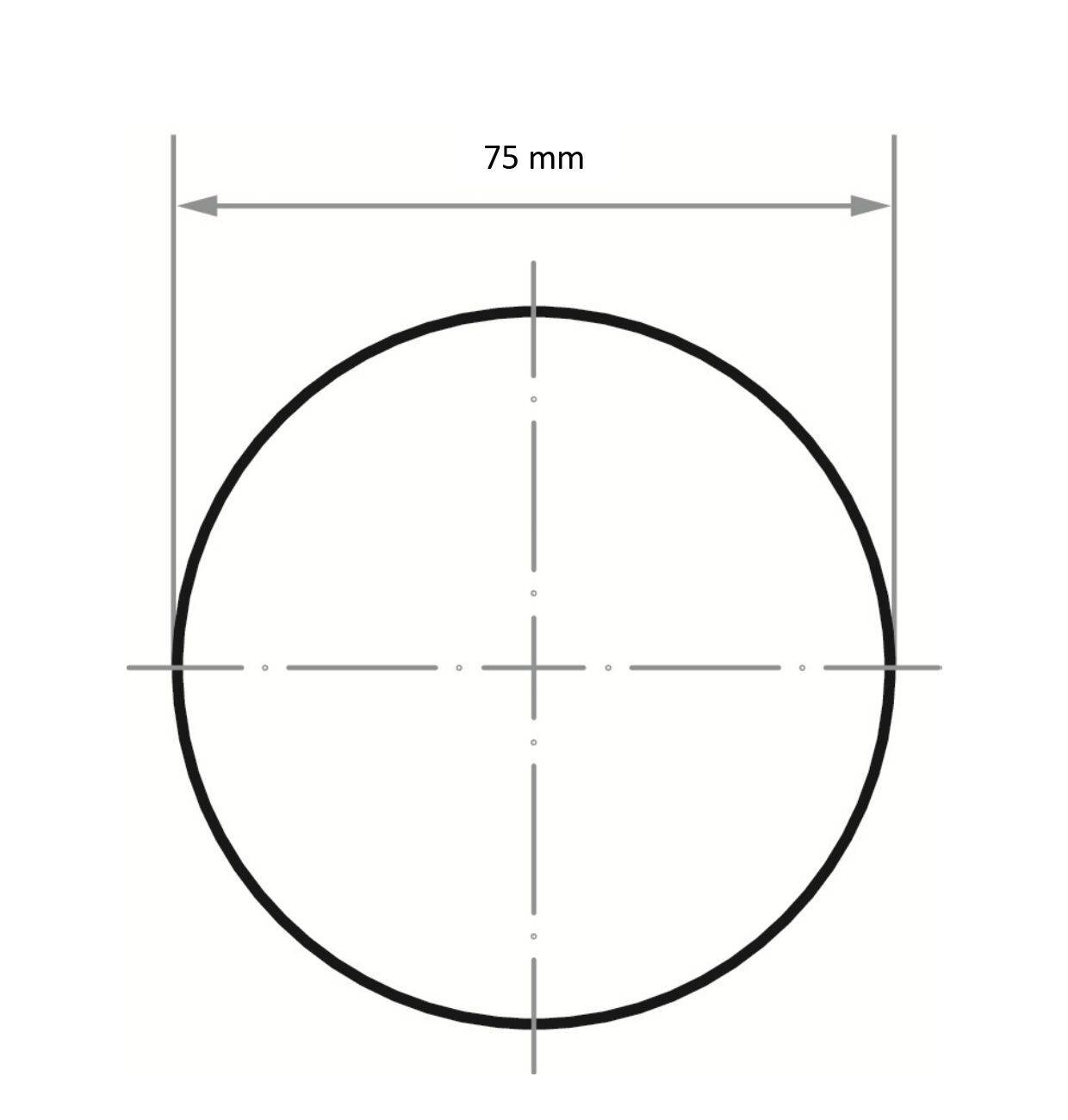 Koło o średnicy wynoszącej '75 mm' z naniesionymi liniami wskazującymi centralne wyrównanie w kierunku poziomym i pionowym.