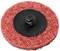 Czerwona tarcza ścierna z czarnym plastikowym uchwytem pośrodku, stosowana do polerowania lub szlifowania powierzchni.