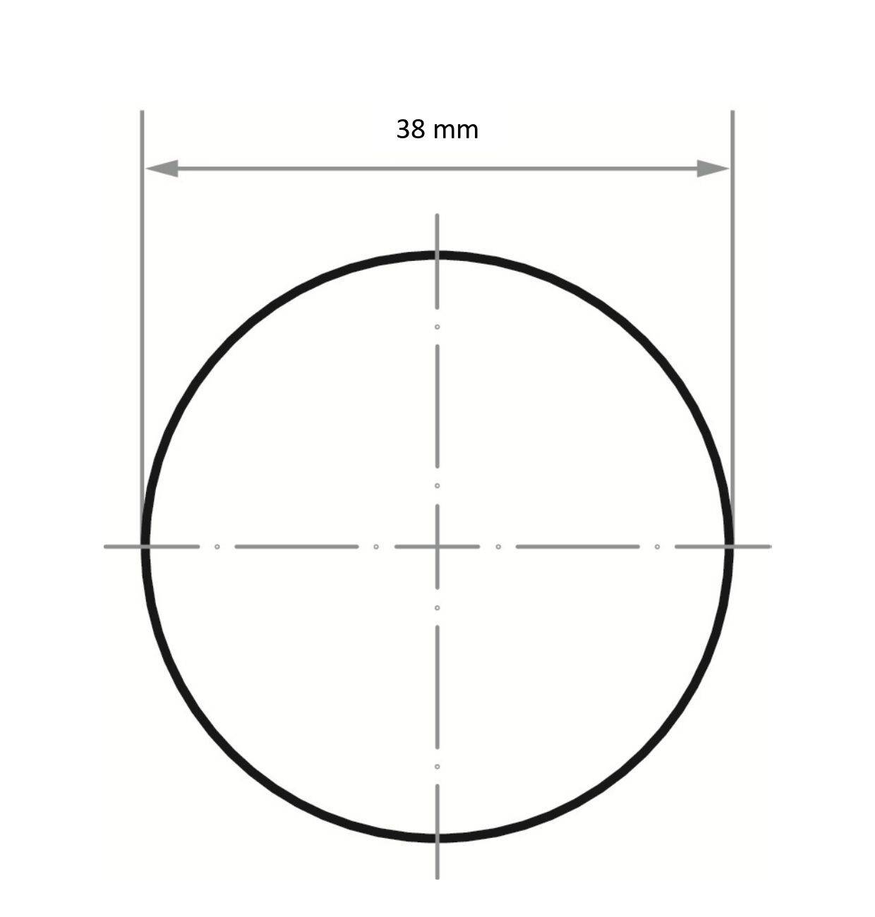 Diagram koła o średnicy wynoszącej 38 mm. Linie przecinają się w centrum, wskazując na symetrię i precyzję pomiaru.