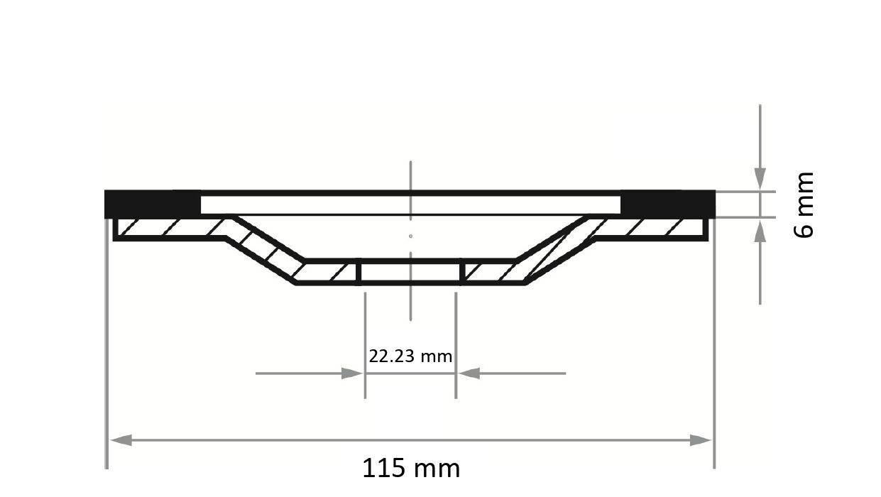 Przekrój poprzeczny obiektu okrągłego o średnicy 115 mm i wysokości 6 mm, z centralnym zagłębieniem o szerokości 22,23 mm.