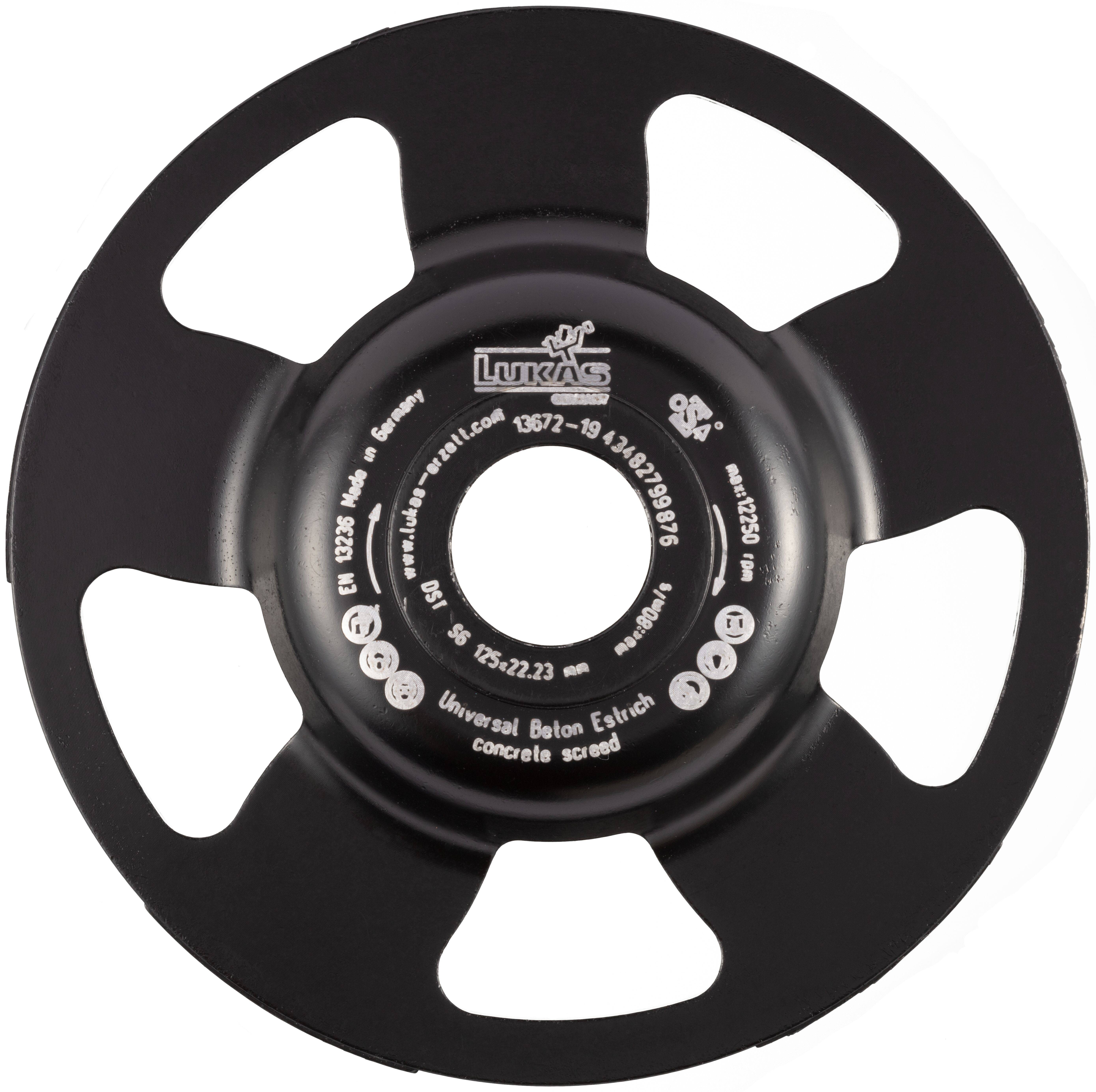 Okrągła czarna część narzędziowa z metalowym dyskiem, dużym otworem centralnym i pięcioma równomiernie rozmieszczonymi wycięciami. Zawiera tekst ze specyfikacją techniczną.