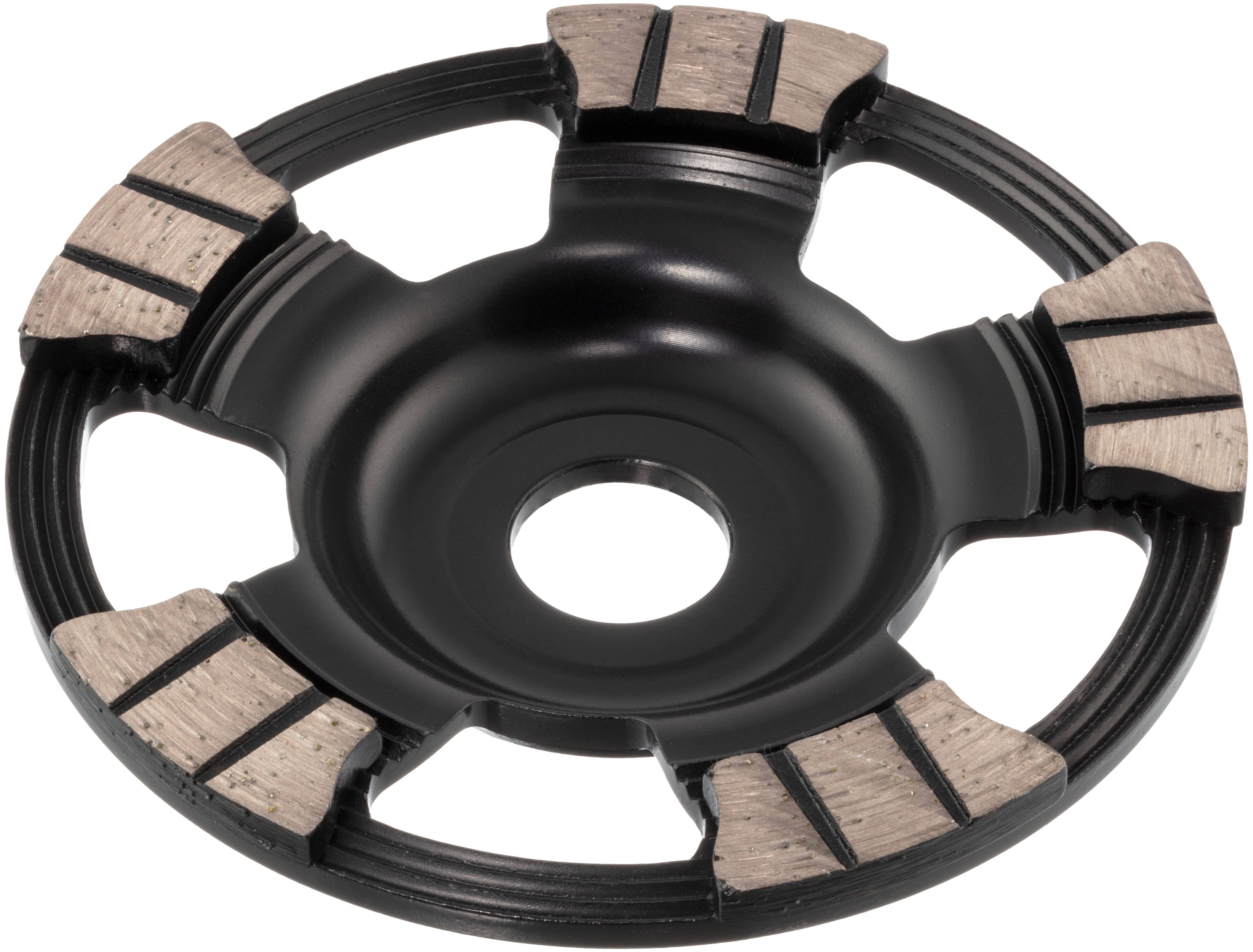 Okrągłe czarne metalowe narzędzie z sześcioma segmentami promieniowymi wyposażonymi w beżowe pady ścierne, używane do szlifowania lub wygładzania powierzchni.