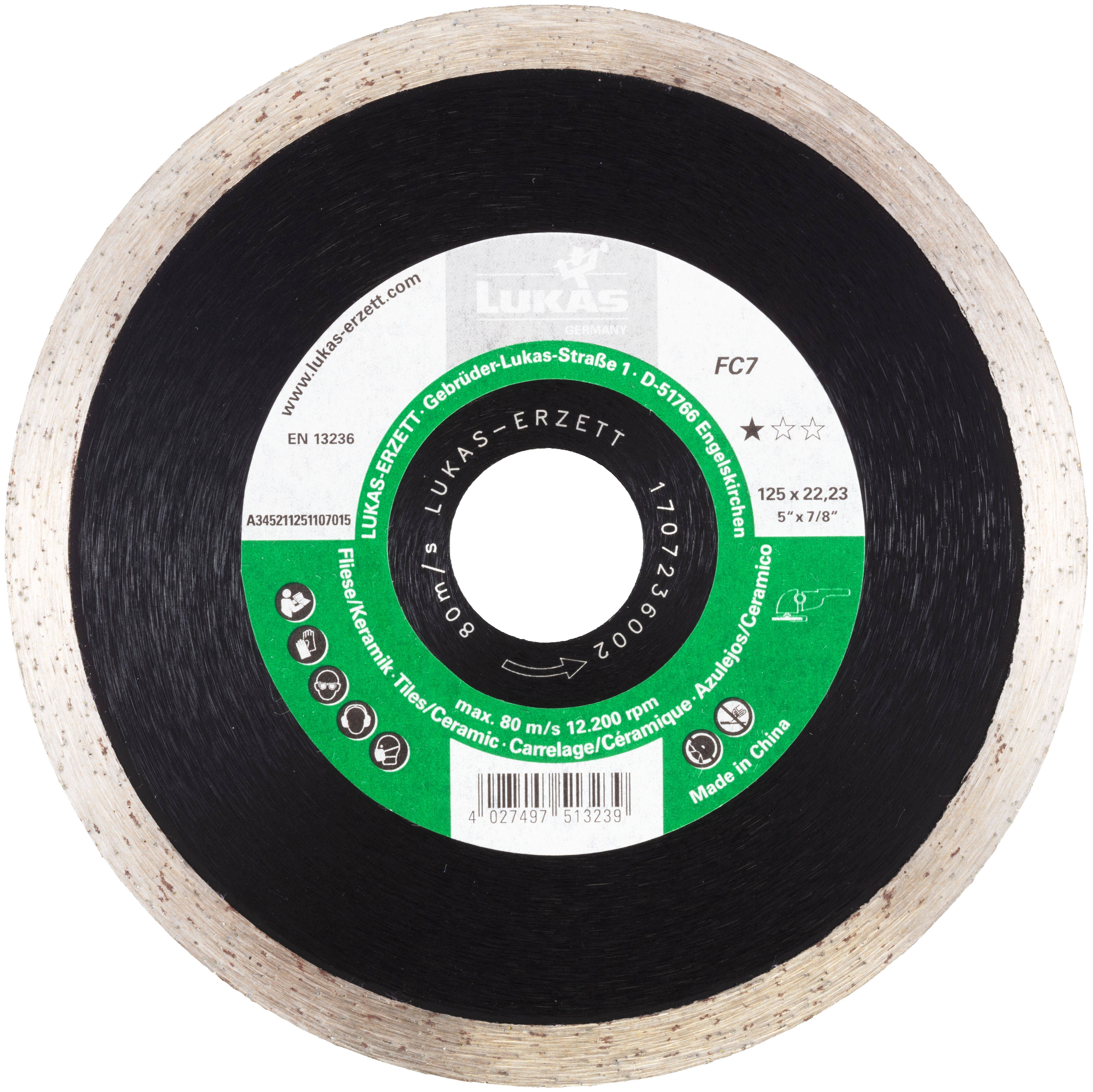 Tarcza tnąca o kształcie koła, z czarnym środkiem i srebrną krawędzią, oznaczona marką 'Lukas'. Na tarczy widnieją specyfikacje: 125 x 22,23, EN 13236, wyprodukowana w Chinach.