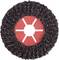 Okrągła ściernica szlifierska o szorstkiej, teksturowanej powierzchni z centralnym otworem, otoczonym czerwonym, gwiazdkowatym wzorem.