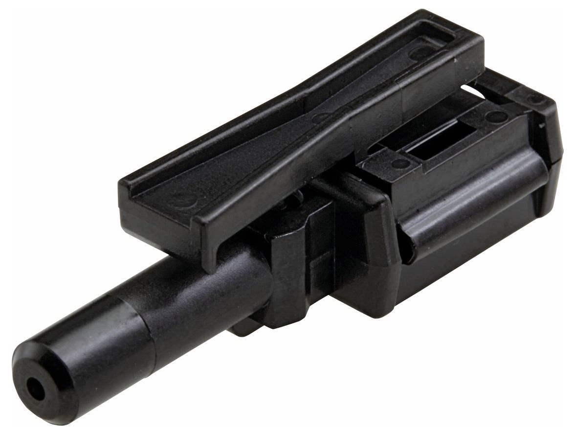 Czarny element z rozszerzeniem w kształcie beczki i prostokątnym zaczepem, prawdopodobnie będący częścią urządzenia mechanicznego, samochodowego lub budowlanego.