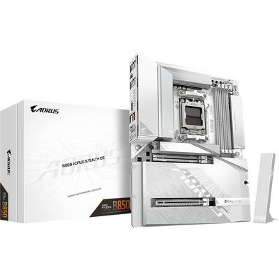 Biała płyta główna B650 AORUS STEALTH z pasującym opakowaniem, zaprojektowana dla graczy, oferująca uspawnione zarządzanie kablami.