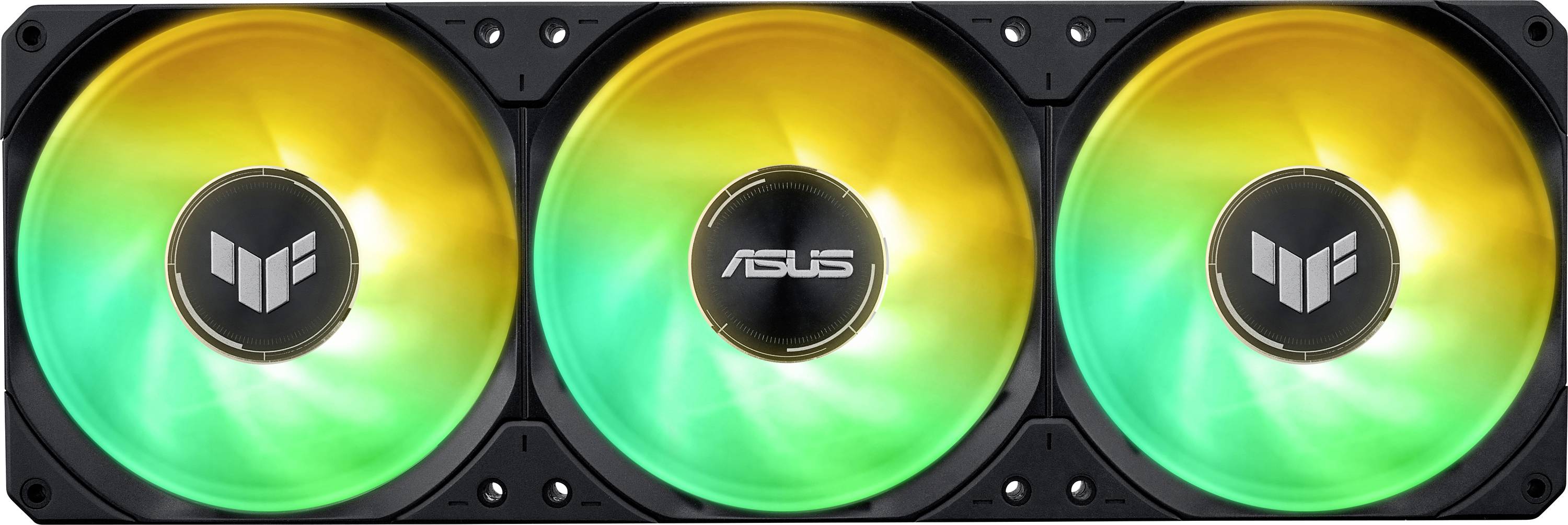 Rząd trzech wentylatorów chłodzących do komputera z podświetleniem RGB, wyświetlających żółte i zielone kolory, oznaczonych logo 'ASUS' i 'TUF'.