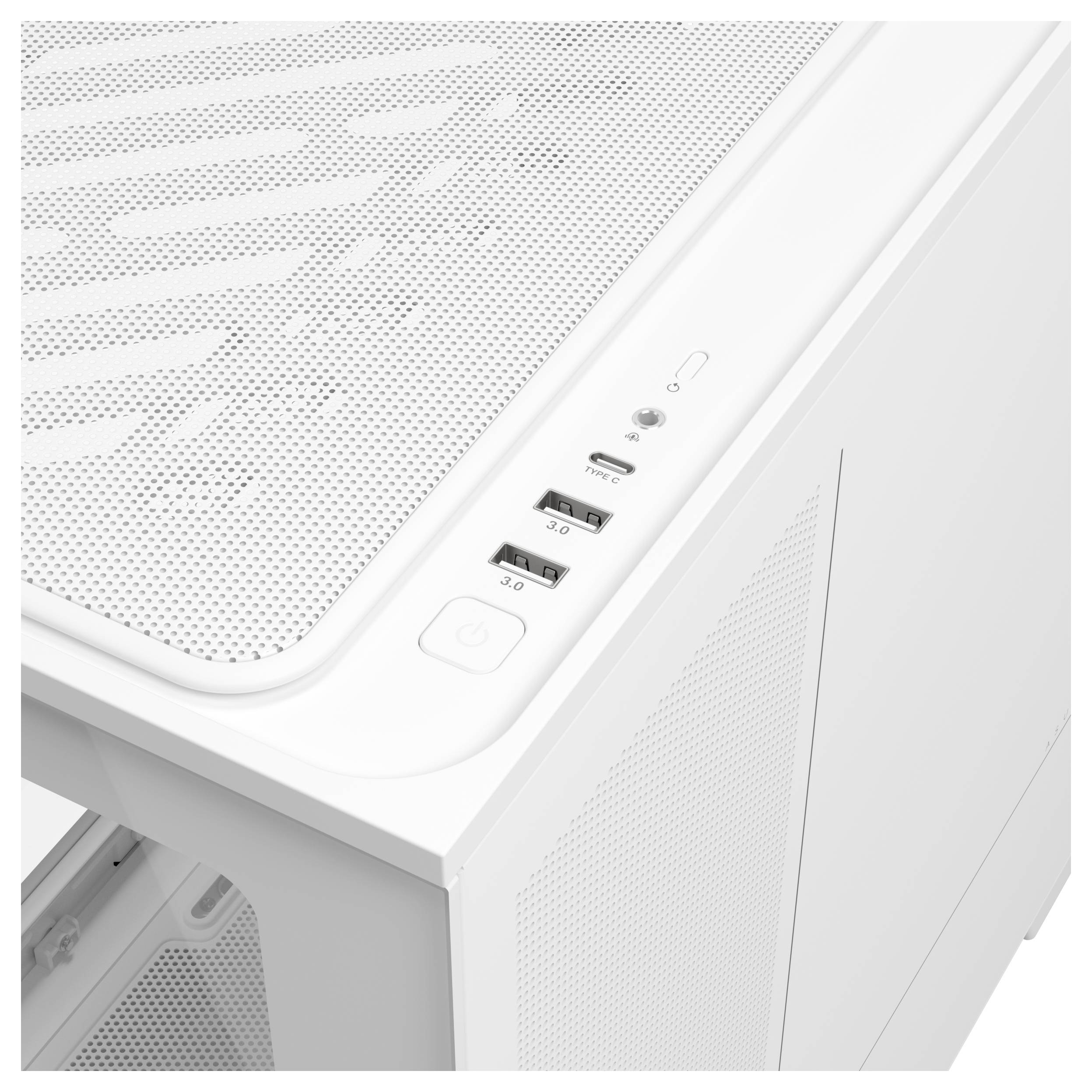 Biała obudowa komputera sfotografowana z góry, ukazująca perforowaną płytę oraz przedni panel I/O z portami USB, przyciskiem zasilania i gniazdem słuchawkowym.