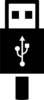 Czarno-biała ikona logo USB przedstawia standardowy symbol USB na prostokątnym złączu.