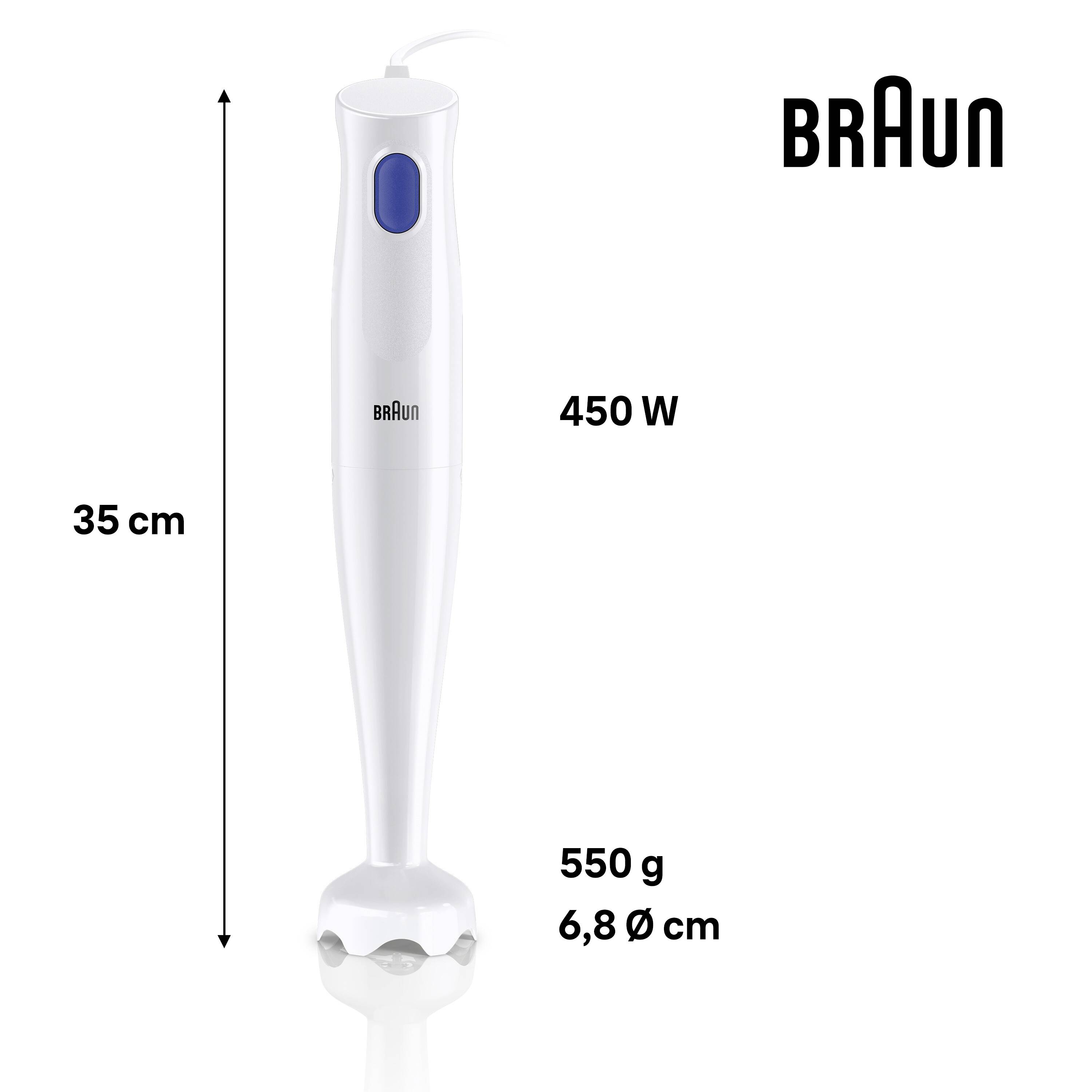 Biały ręczny blender Braun z niebieskim przyciskiem. Cechy: 35 cm wysokości, moc 450 W, waży 550 g, średnica ostrza 6,8 cm.