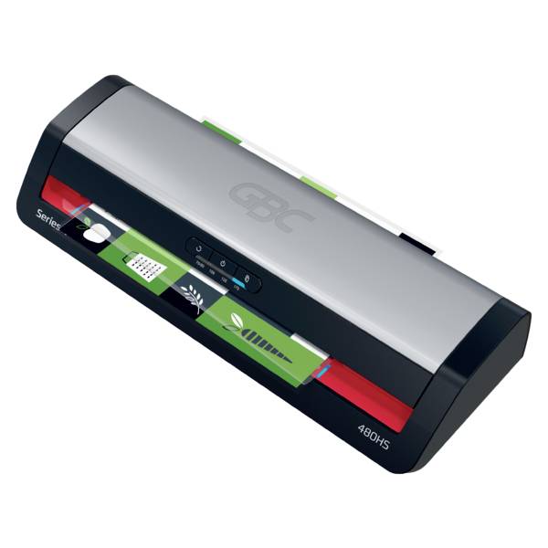 Laminator na biurko z panelem sterowania z przodu i papierem w procesie laminacji, charakteryzujący się nowoczesnym, eleganckim wzornictwem.