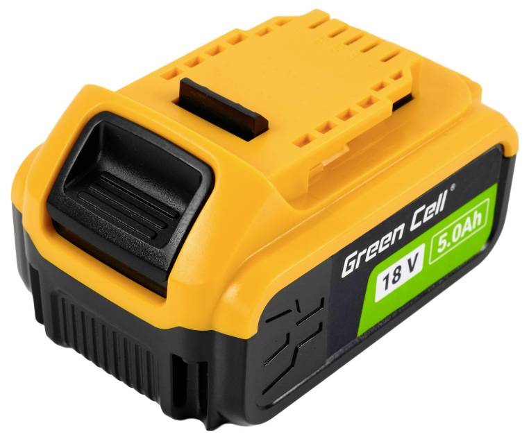 Akumulator Green Cell, 18 V i o pojemności 5,0 Ah, w żółtej obudowie z czarnymi elementami, przedstawiony pod skosem.
