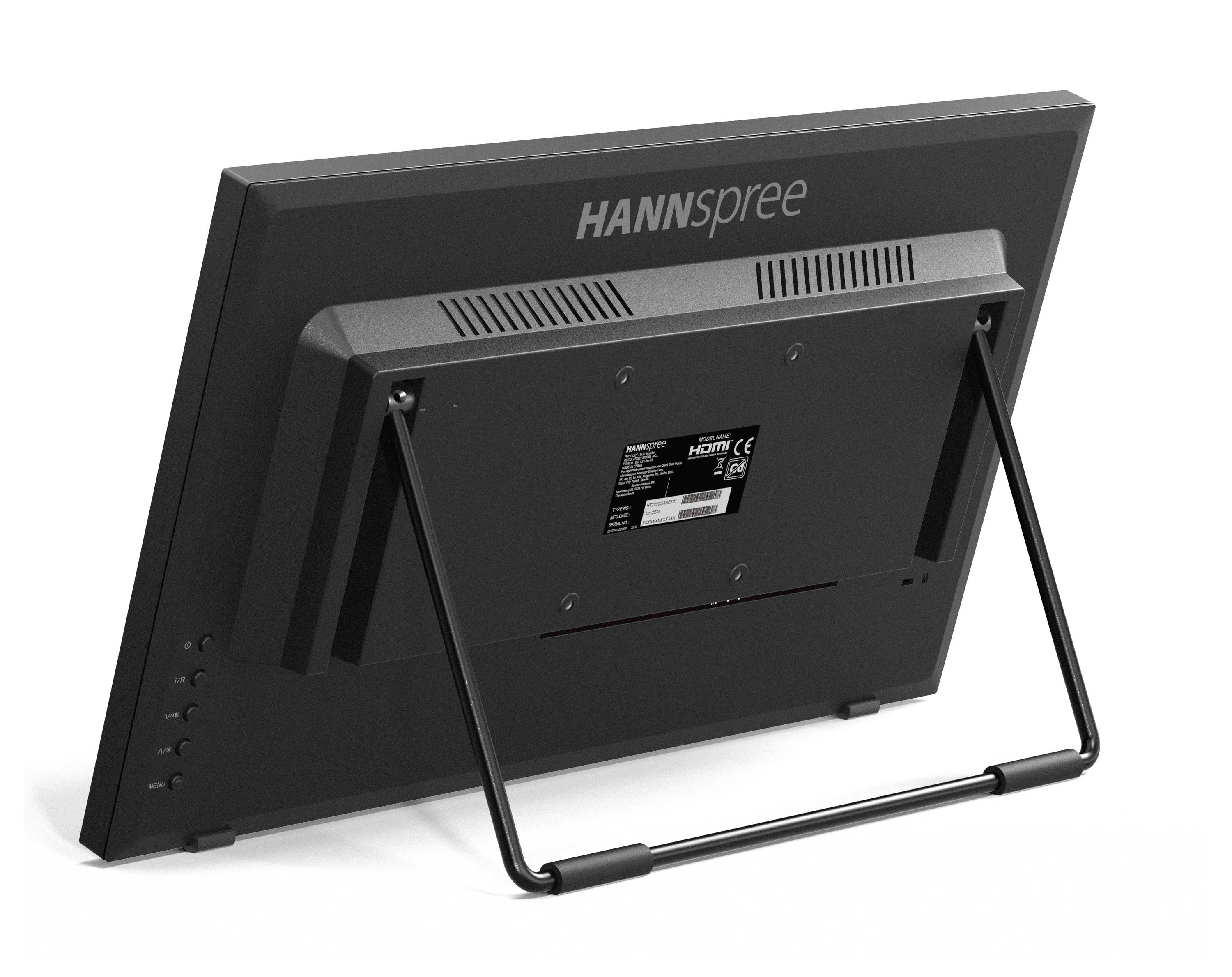 Widok z tyłu monitora Hannspree z widocznym stojakiem i otworami wentylacyjnymi, odpowiedni do użytku jako ekran komputerowy.