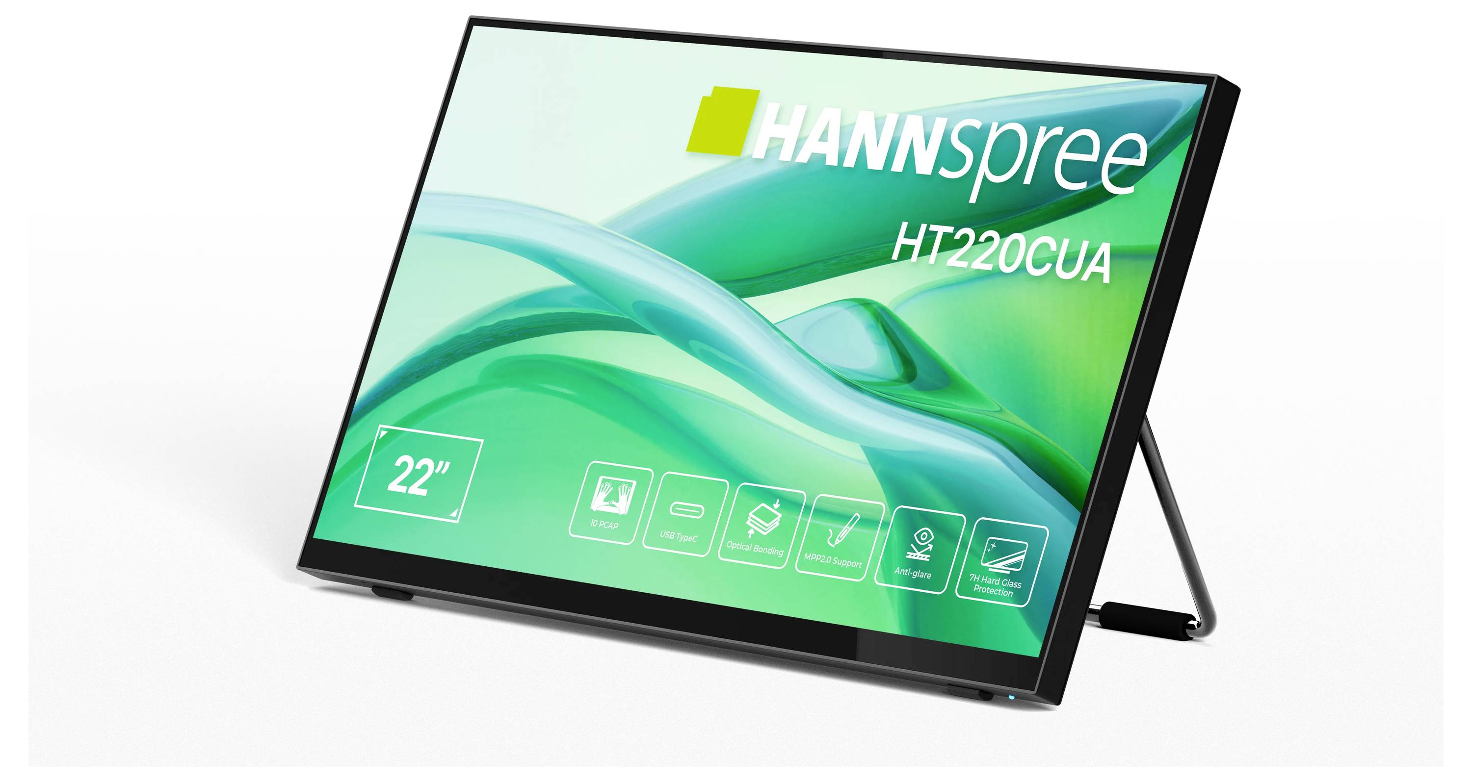 Monitor dotykowy zatytułowany „HANNspree HT220CUA", wyświetlający ikony reprezentujące głośność, złącze HDMI oraz funkcje zasilania.