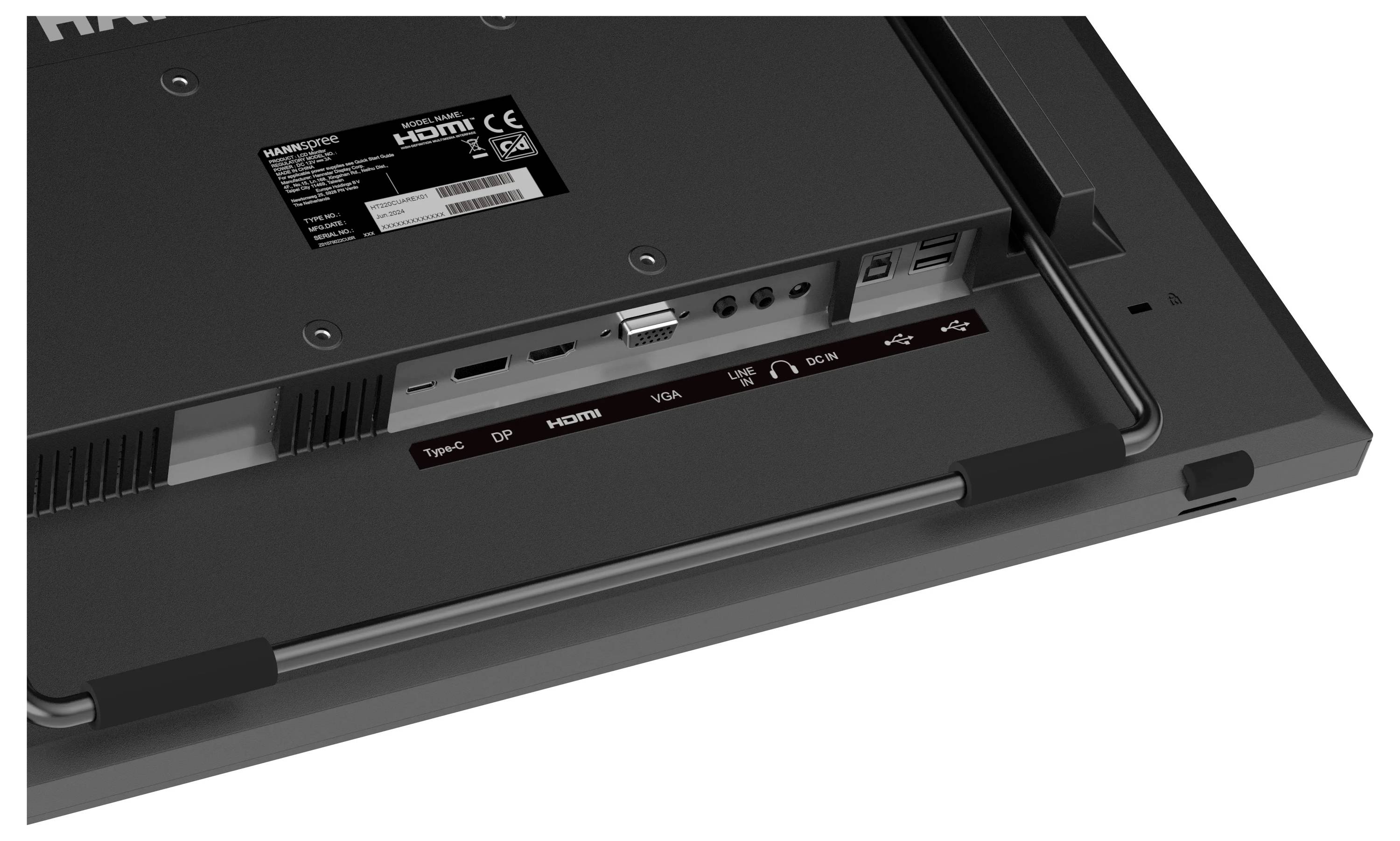 Panel tylny wyświetlacza prezentujący różne porty: HDMI, VGA, USB, gniazdo audio 3,5 mm oraz przyciski sterujące, umieszczony w zagłębieniu.