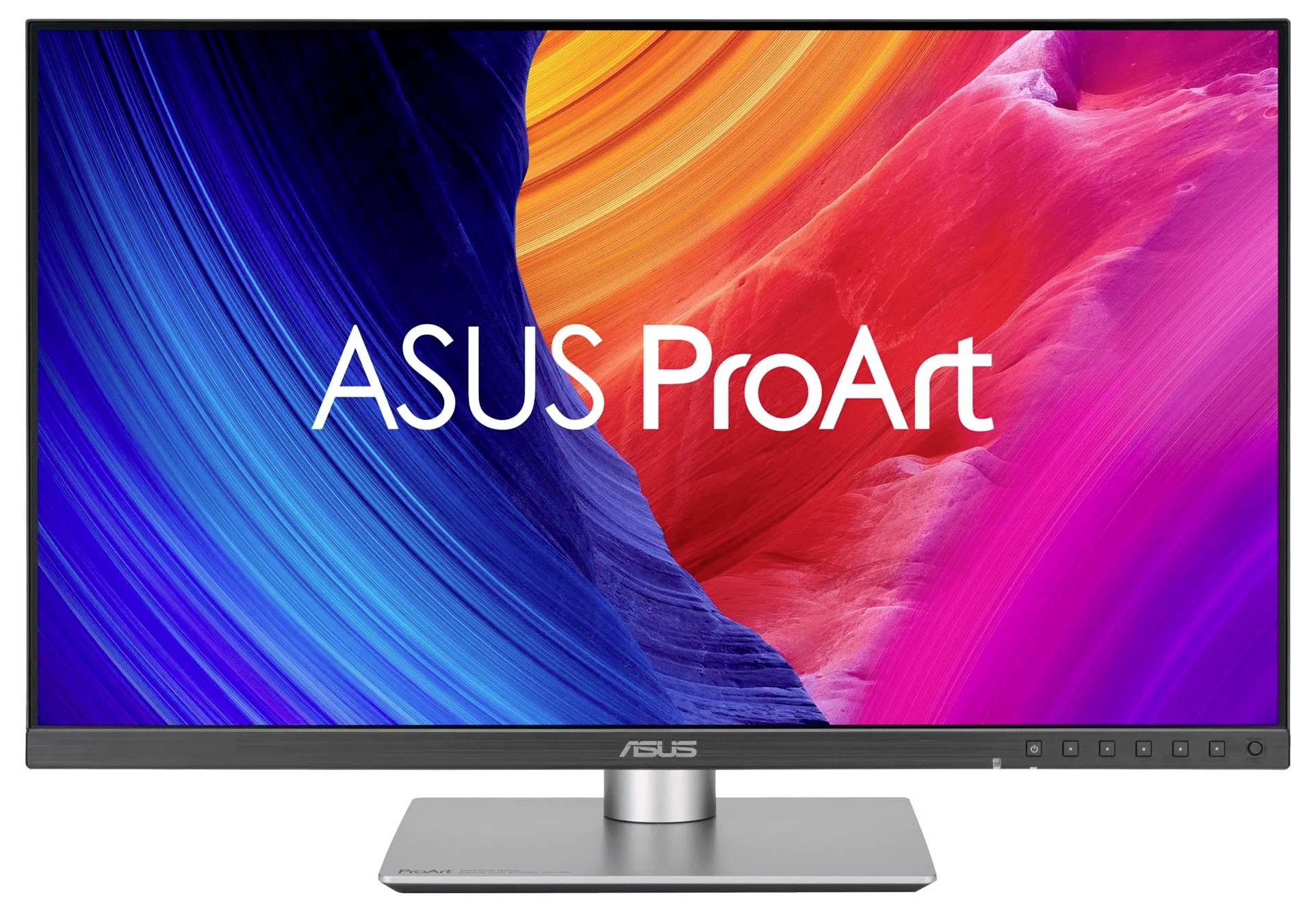Monitor ASUS ProArt wyświetlający kolorowe abstrakcyjne tło z niebieskimi, pomarańczowymi i różowymi wirami.