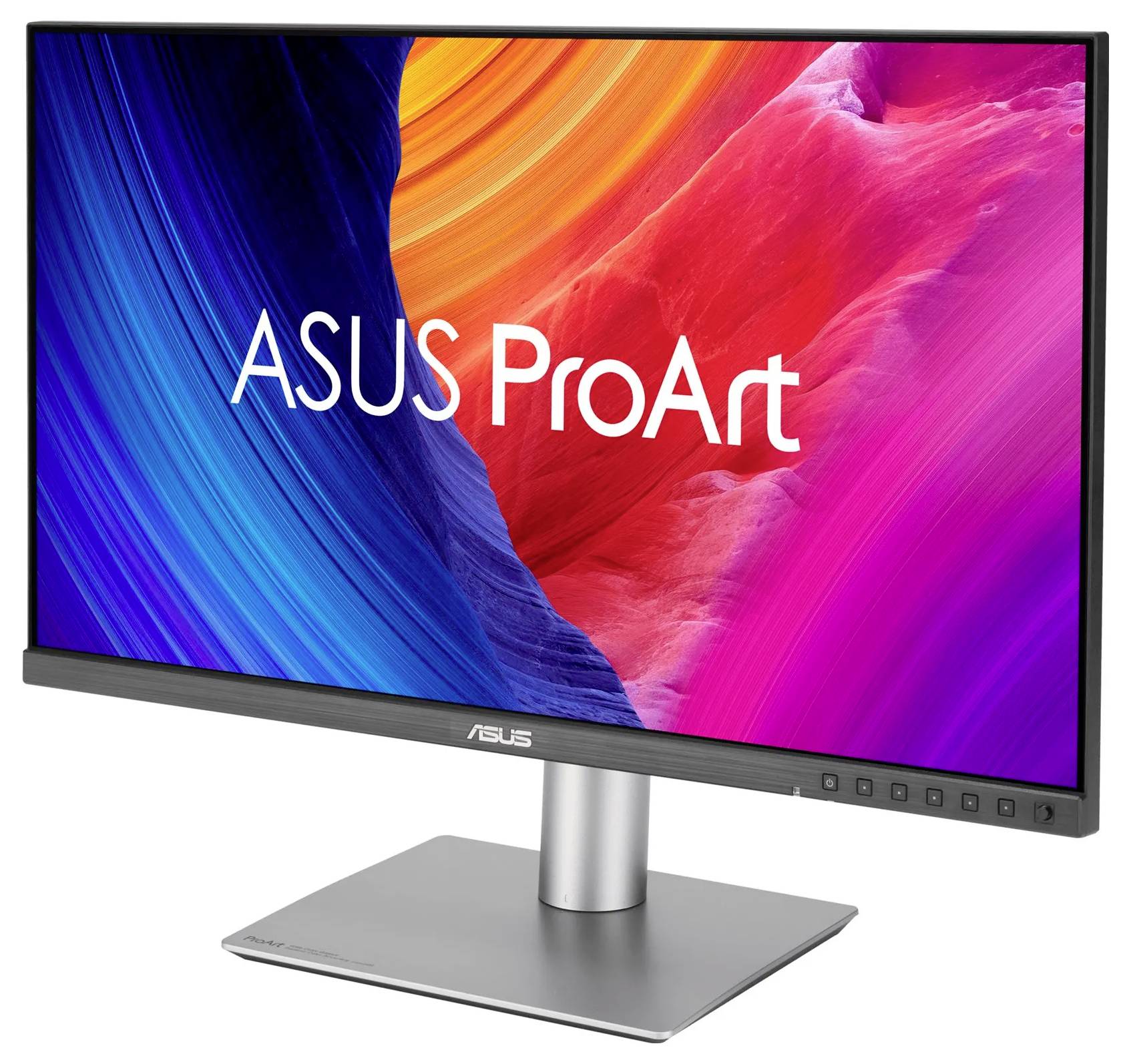 Monitor komputerowy wyświetlający kolorową sztukę abstrakcyjną z tekstem 'ASUS ProArt' na ekranie, o wąskich ramkach i metalowej podstawie.