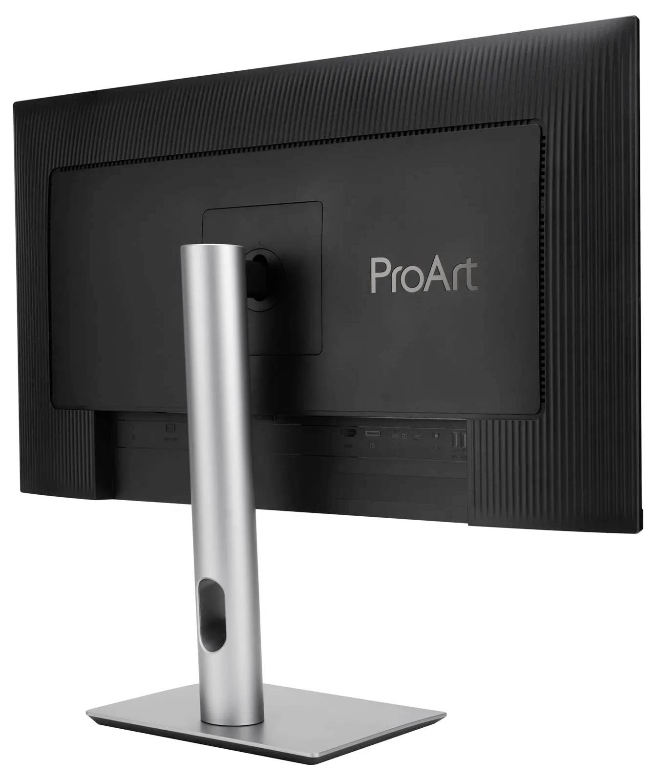 Widok z tyłu czarnego monitora 'ProArt' na eleganckiej, metalowej podstawie, prezentujący jego design i strukturę podparcia.