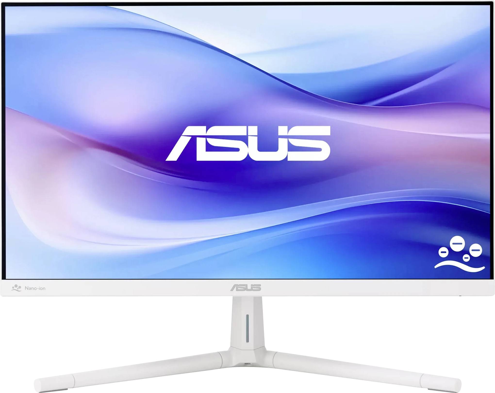 Monitor komputerowy wyświetlający logo Asus na niebiesko-fioletowym tle falistym, umieszczony na białej podstawie.