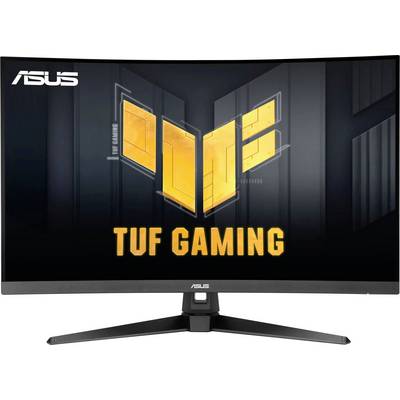 Zakrzywiony monitor ASUS TUF Gaming z wyrazistym żółtym logo na ekranie, podkreślającym jego gameową orientację i immersyjny design wyświetlacza.