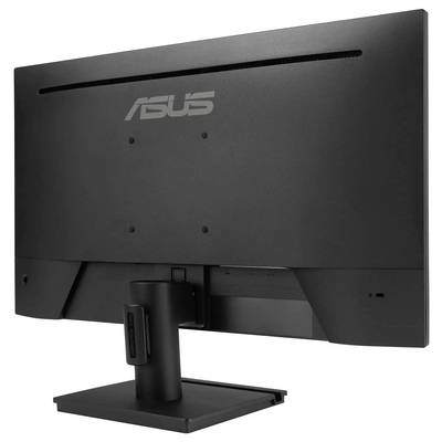 Czarny monitor komputerowy ASUS widziany od tyłu, prezentujący podstawę i tylny panel z logo ASUS.