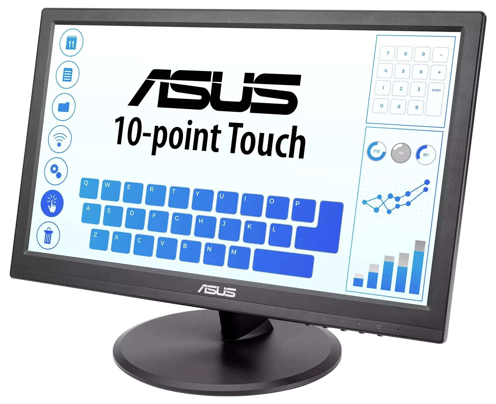 Monitor wyświetlający napis 'ASUS 10-punktowy Dotyk' z wirtualną klawiaturą, różnymi ikonami aplikacji, klawiaturą numeryczną oraz wykresami na ekranie.