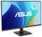 Czarny monitor Asus z cienką ramką wyświetla abstrakcyjne kolorowe kształty oraz logo Asus na ekranie.