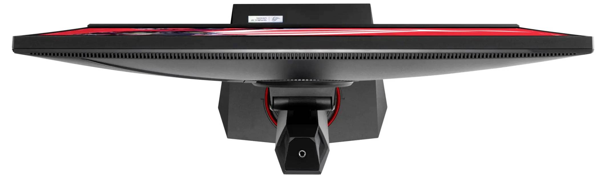 Smukły monitor komputerowy widziany z góry, prezentujący szczupłą sylwetkę w czarno-czerwonej kolorystyce.