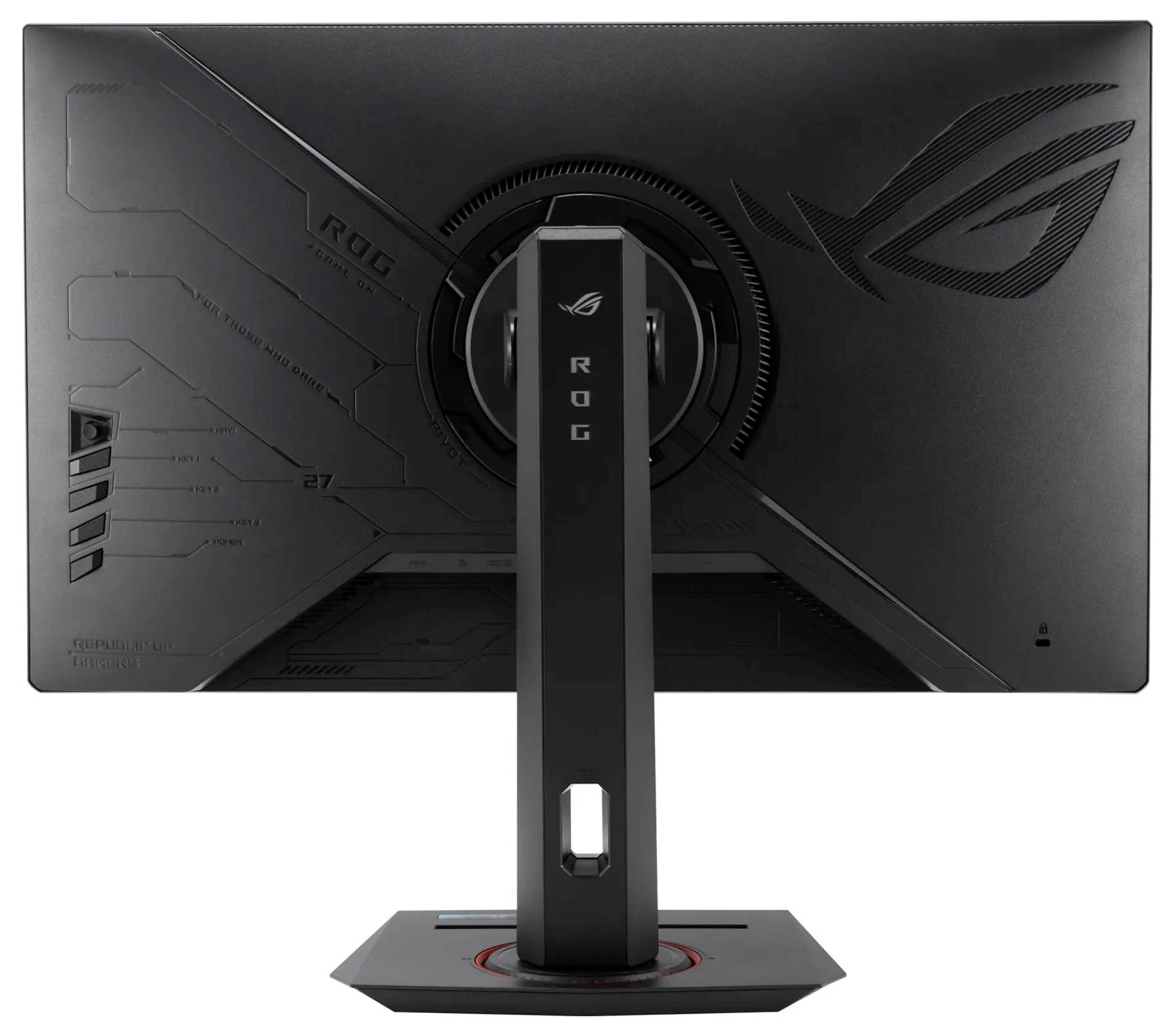 Czarny monitor do gier widziany od tyłu, charakteryzujący się eleganckim designem z kanciastymi wzorami, logo oraz regulowaną podstawą.