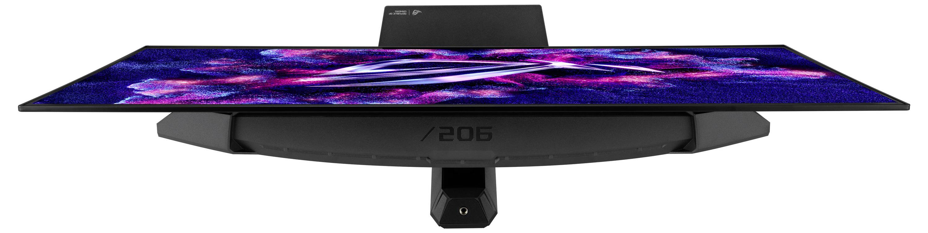 Futurystyczny monitor do gier o eleganckiej sylwetce wyświetla kolorowe grafiki. Na przedniej części widoczny jest numer modelu 'Z06'.