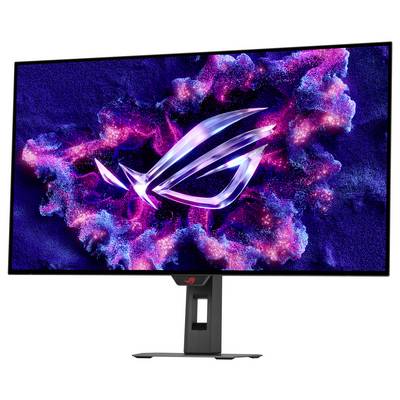 Monitor do gier z żywym wyświetlaczem prezentuje abstrakcyjny, kolorowy projekt, w centrum którego znajduje się duże, stylizowane logo na ekranie.