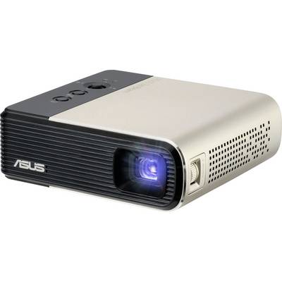 Przenośny projektor firmy Asus, w kolorach czarnym i srebrnym, przedstawiający obiektyw rzucający światło.