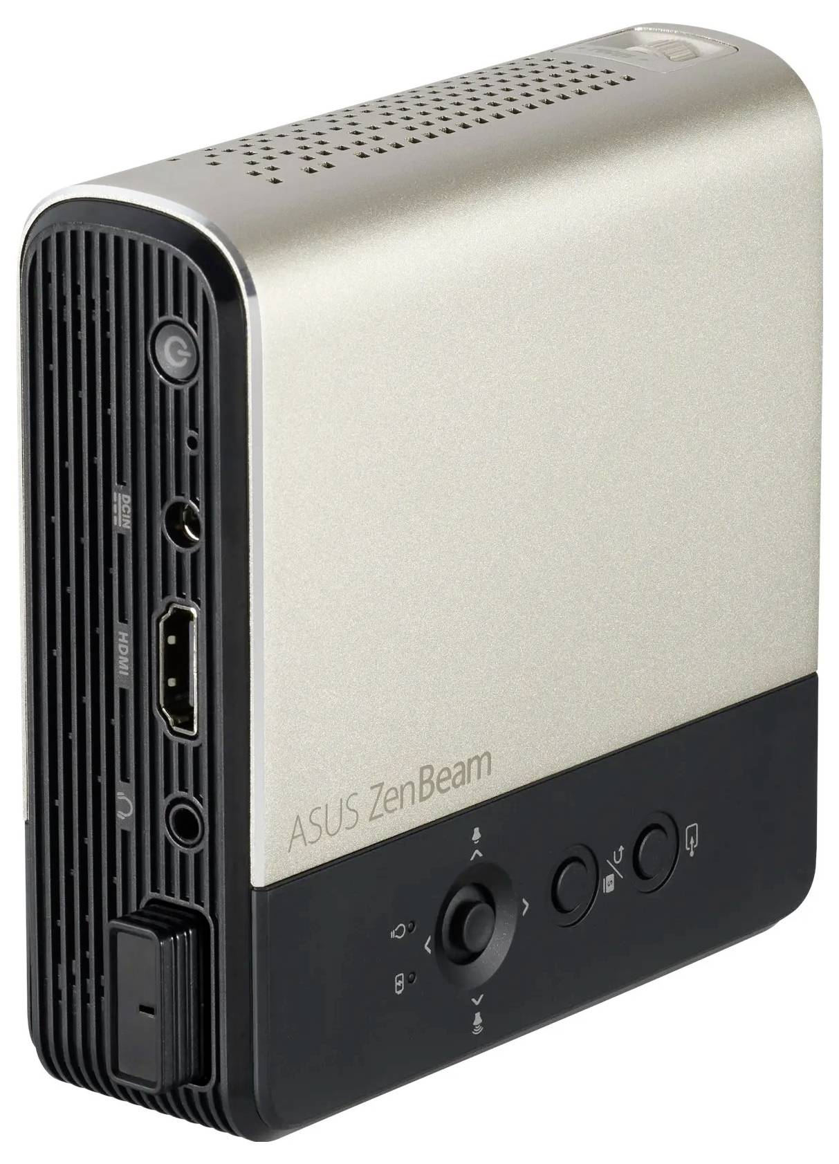 Srebrny przenośny projektor ASUS ZenBeam, ukazujący boczne porty i przyciski sterujące, zaprojektowany z myślą o łatwym podłączeniu i mobilności.