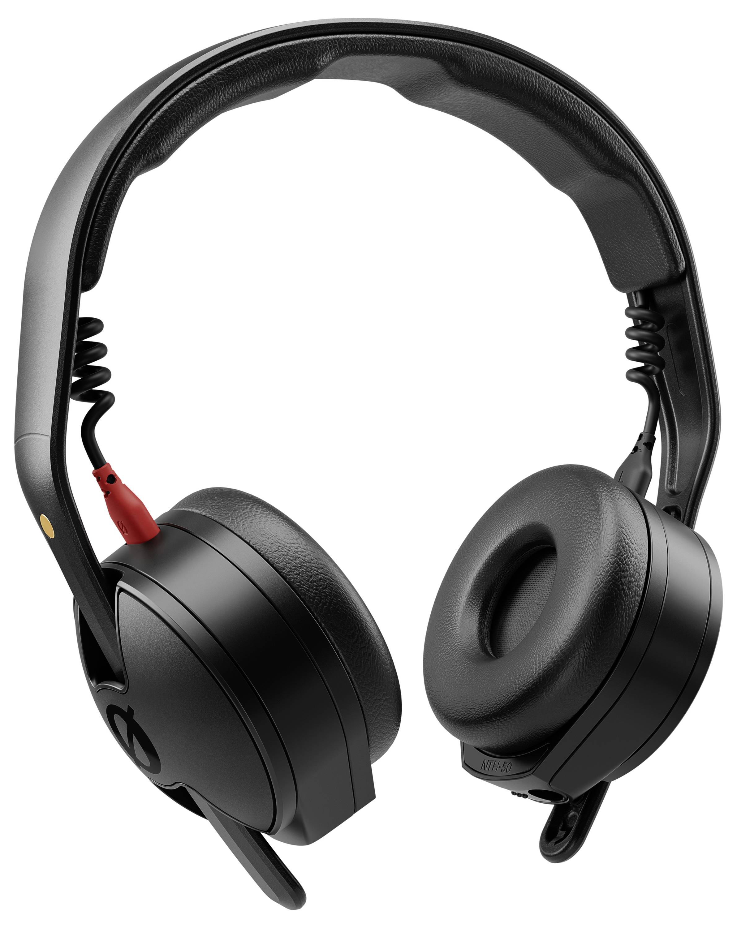 Czarne słuchawki nauszne z wyściełanymi nausznikami i odłączanym czerwonym kablem, zaprojektowane z myślą o jakości dźwięku i komforcie.
