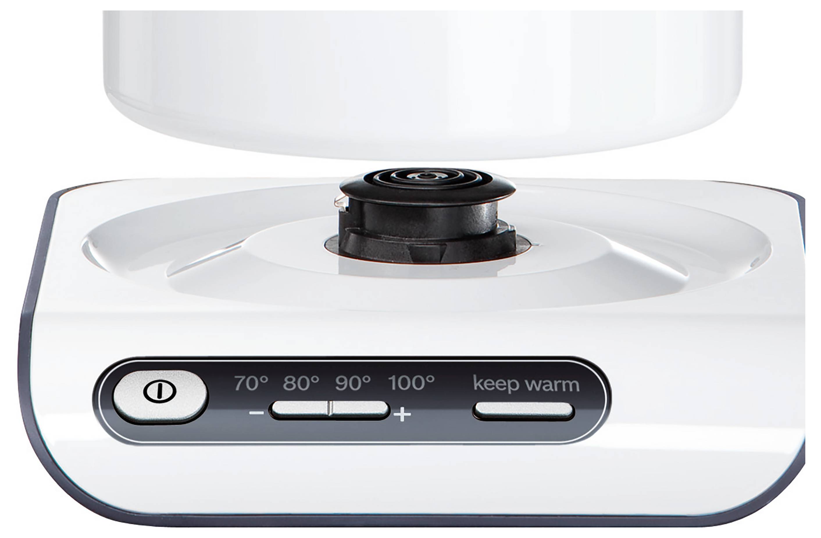 Panel sterujący białego urządzenia z przyciskami zasilania, ustawień temperatury (70°, 80°, 90°, 100°) oraz funkcją utrzymywania ciepła.