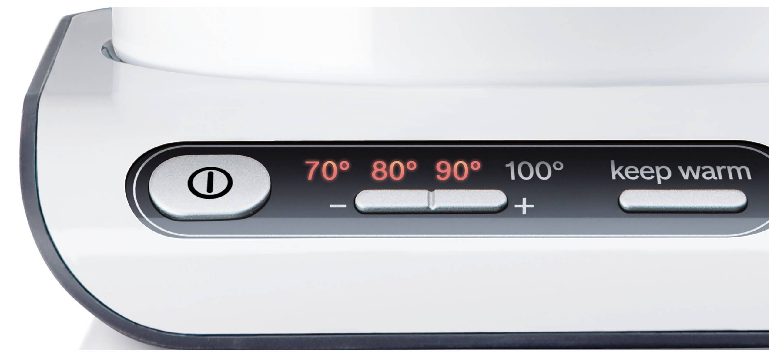 Czajnik elektryczny z wyświetlaczem pokazującym ustawienia temperatury 70, 80, 90, 100 stopni Celsjusza, z przyciskami zasilania i regulacji mocy grzania.