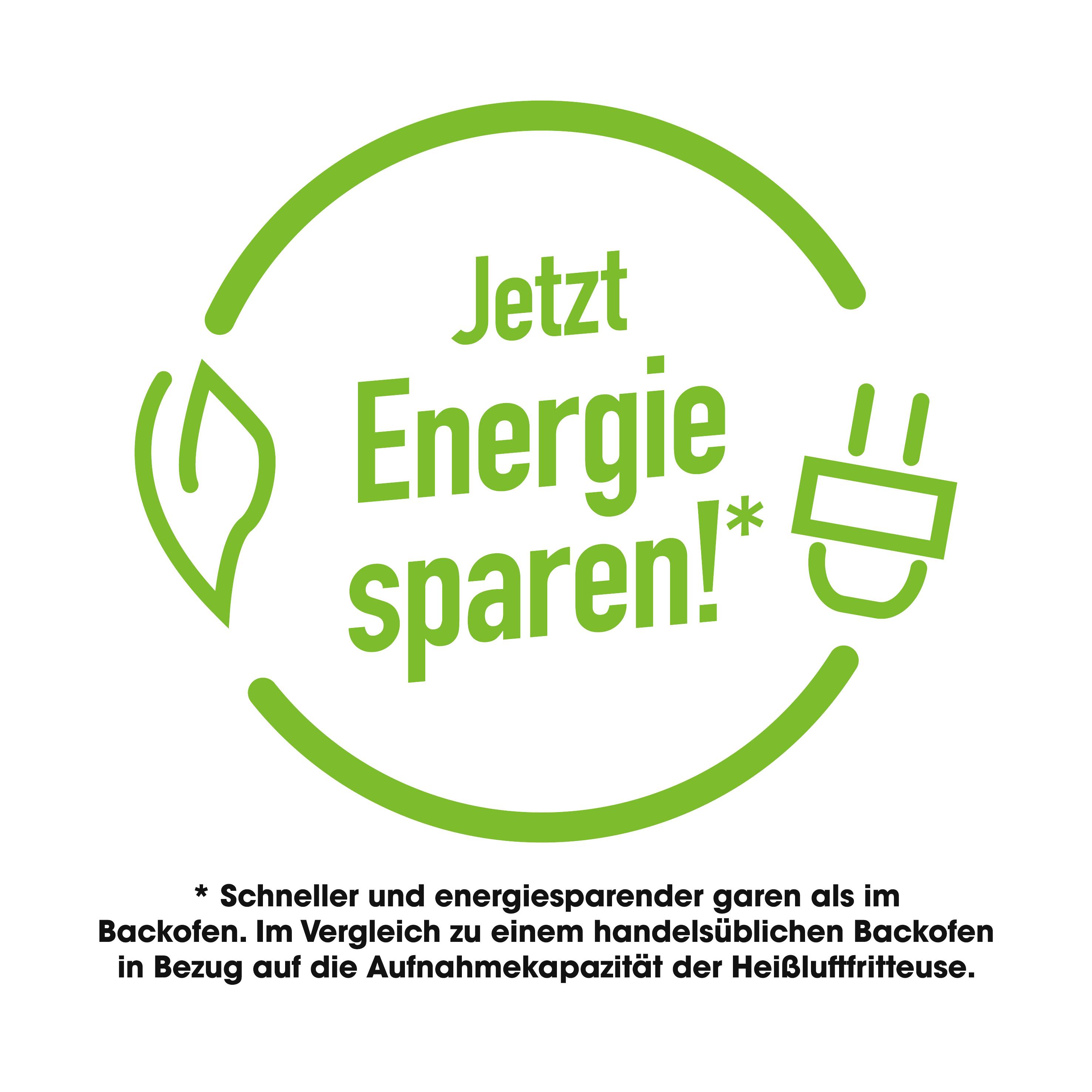 „Oszczędzaj Energię Teraz!" napisane jest na zielono z ikoną liścia i wtyczki, promując energooszczędne gotowanie w porównaniu z tradycyjnym piekarnikiem.
