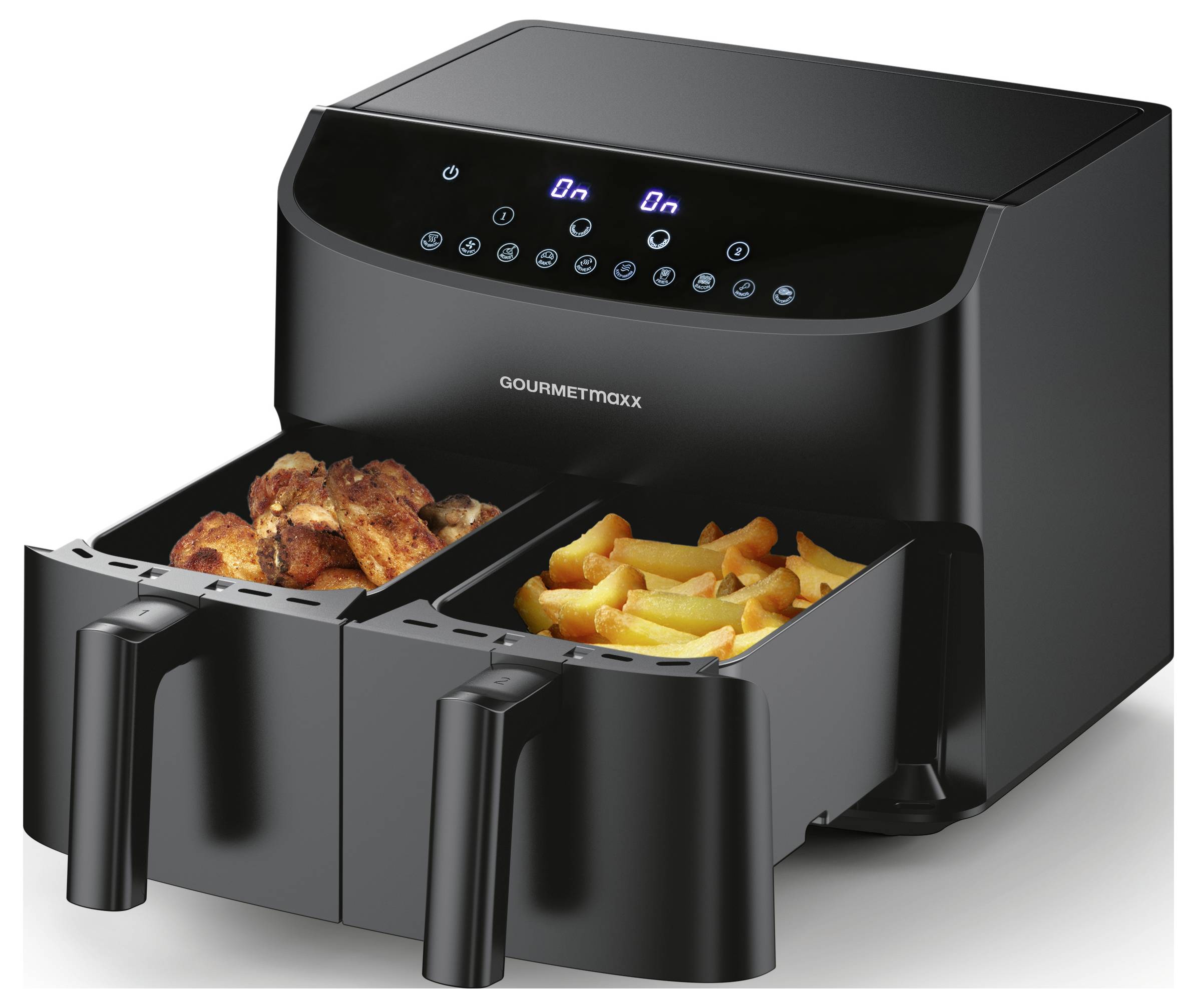 Czarny dwukomorowy air fryer z cyfrowymi sterowanikami na górze. W lewym koszyku znajdują się upieczone skrzydełka z kurczaka, a w prawym - pokrojone ziemniaki.
