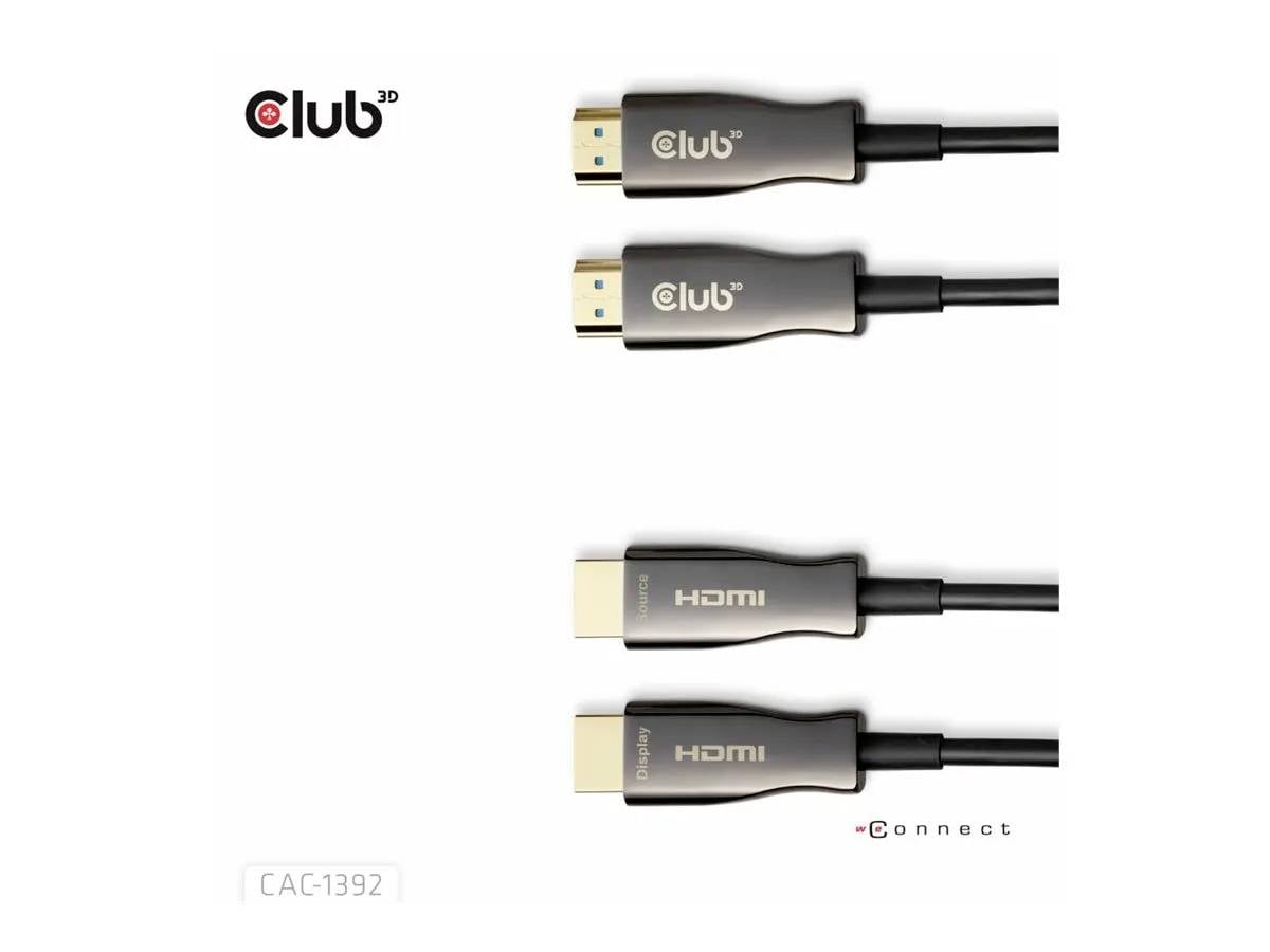 Złącza kabli HDMI firmy 'Club 3D', oznaczone jako 'CAC-1392', przedstawiające końcówki wtyczek do podłączania urządzeń, z naciskiem na jakość i design.