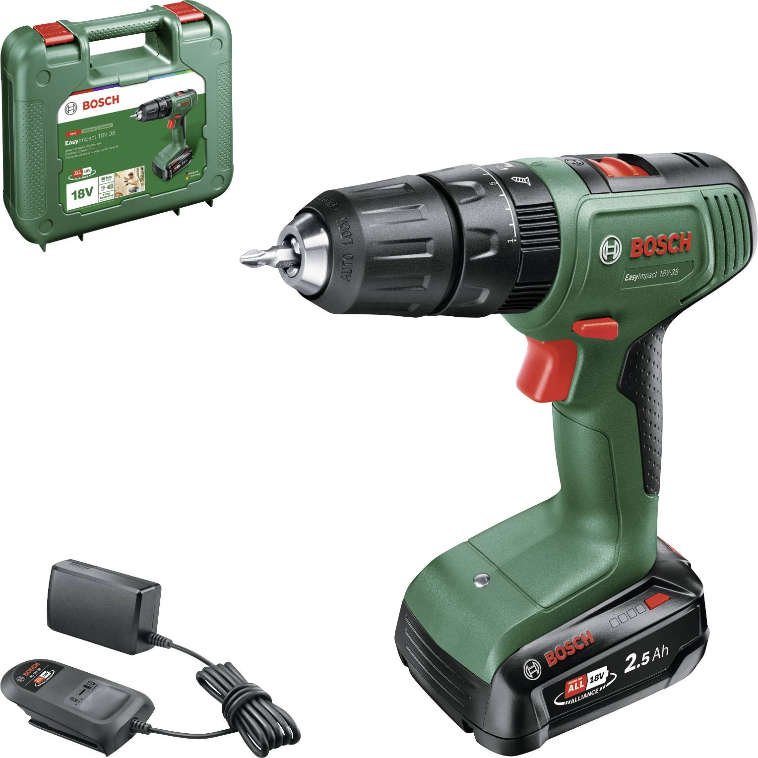 Акумуляторний ударний дриль Bosch Home and Garden EasyImpact 18V-3, 2 швидкості, з акумулятором, зарядним пристроєм та кейсом