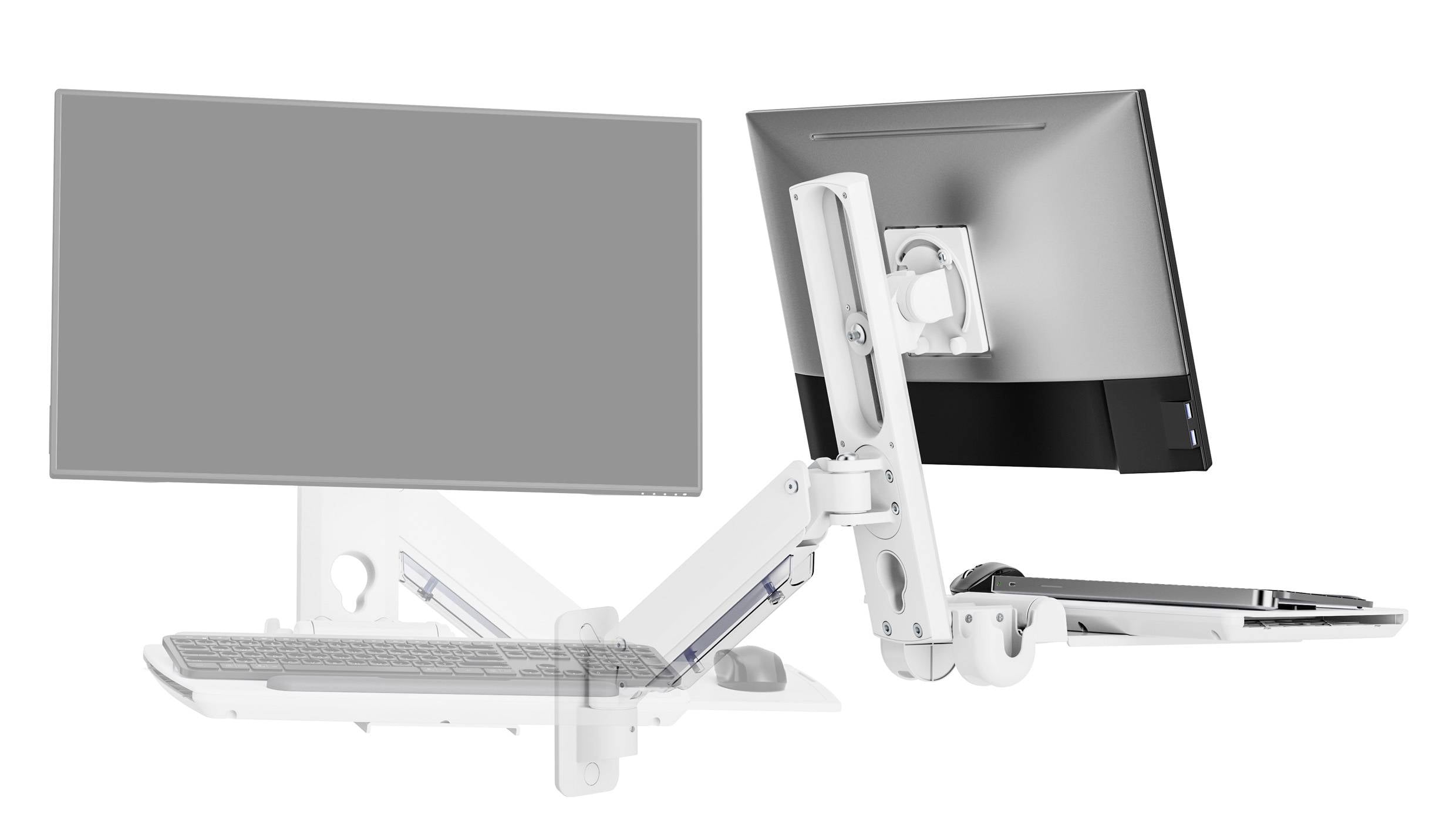 Dwa regulowane ramiona do montażu ściennego, jedno podtrzymujące monitor, drugie klawiaturę i monitor, prezentujące ergonomiczną konfigurację stanowiska pracy.