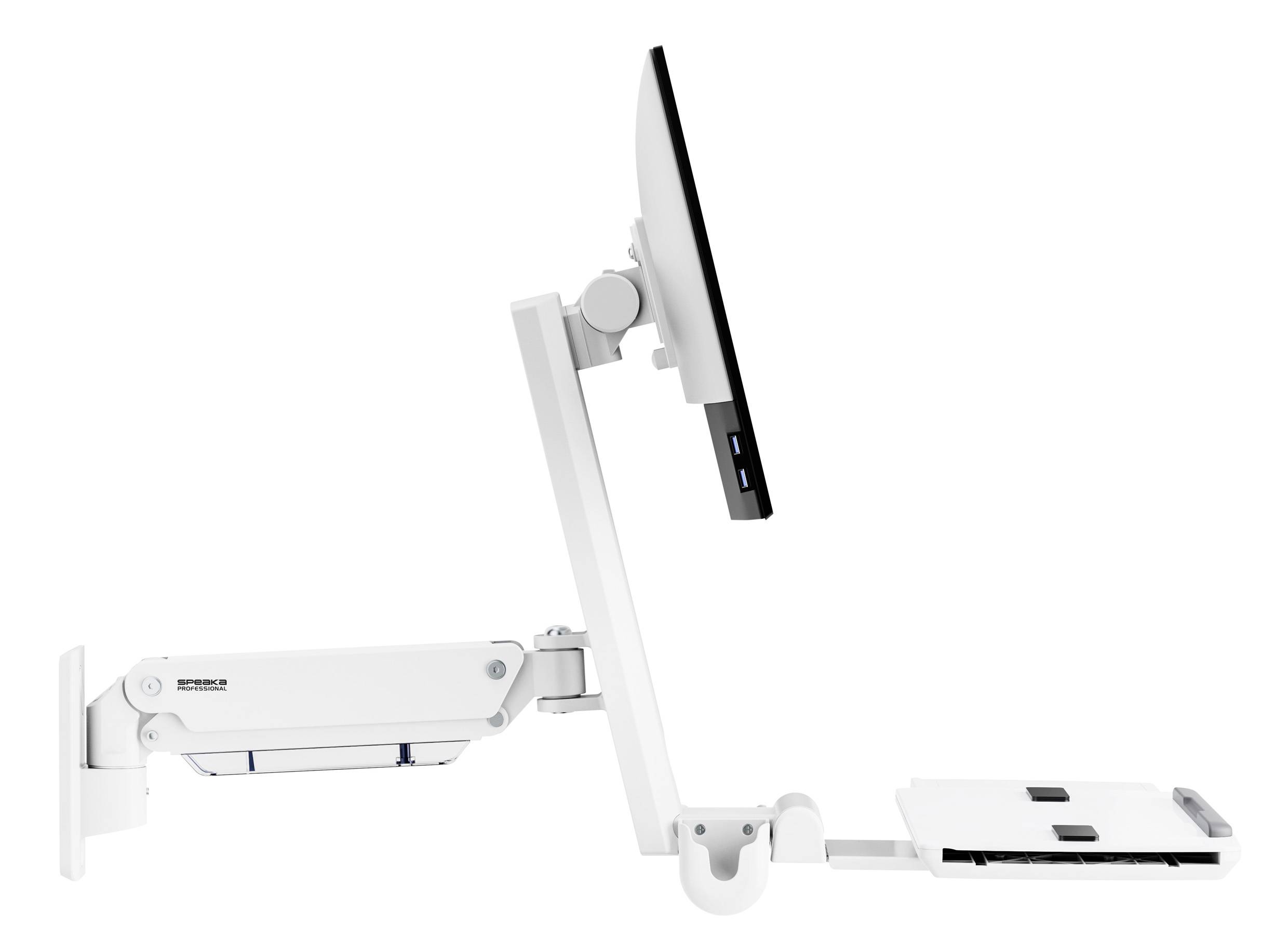 Regulowane ramię monitora z zamontowaną ekranem i tacką na klawiaturę, zaprojektowane do ergonomicznego ustawienia.