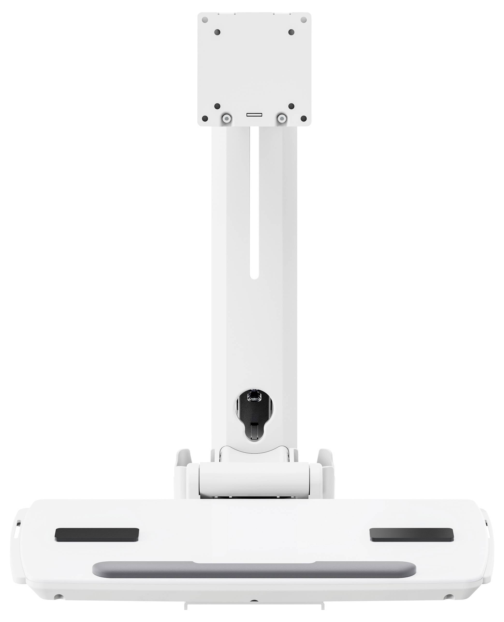 Biały uchwyt sufitowy do projektora z regulowanym ramieniem i stabilną podstawą, przeznaczony do mocowania projektorów w placówkach edukacyjnych lub profesjonalnych środowiskach.