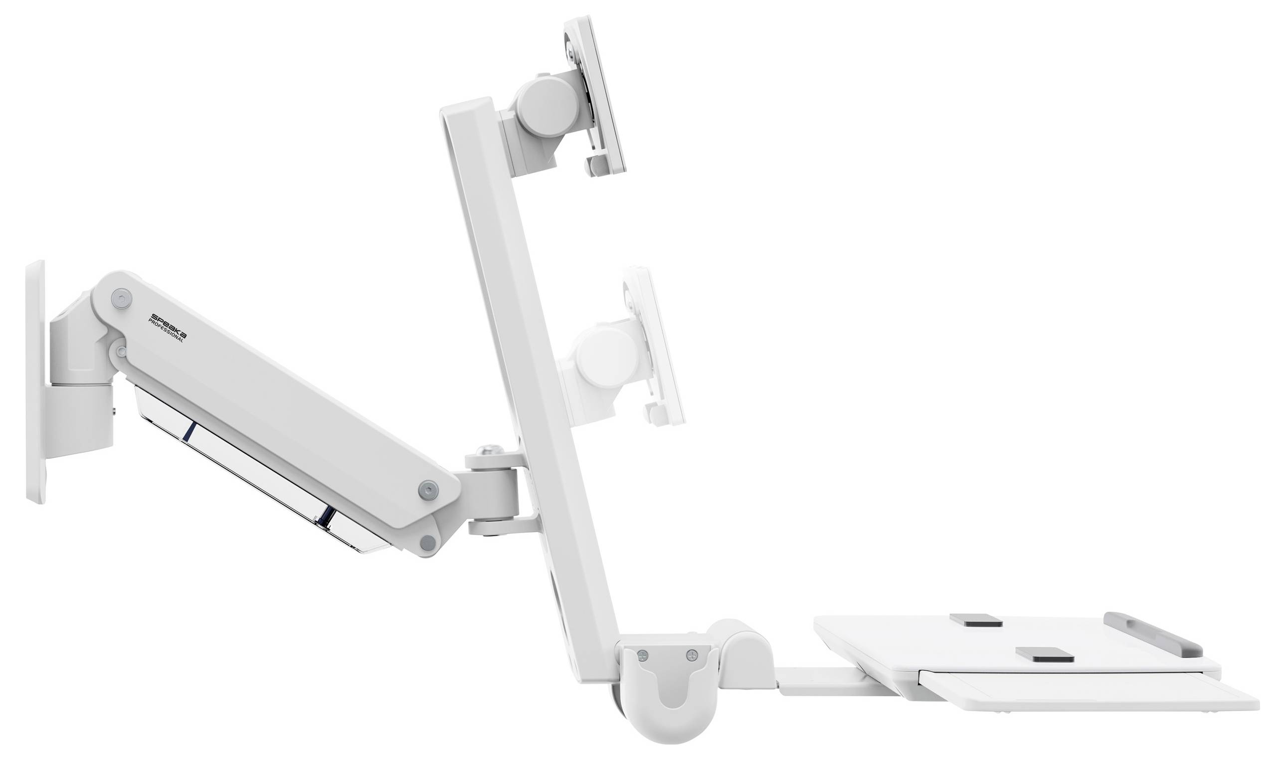 Biała, regulowana naścienna rama do monitora i klawiatury z wieloma przegubami i punktami mocowania, przeznaczona do ergonomicznej aranżacji stanowiska pracy.