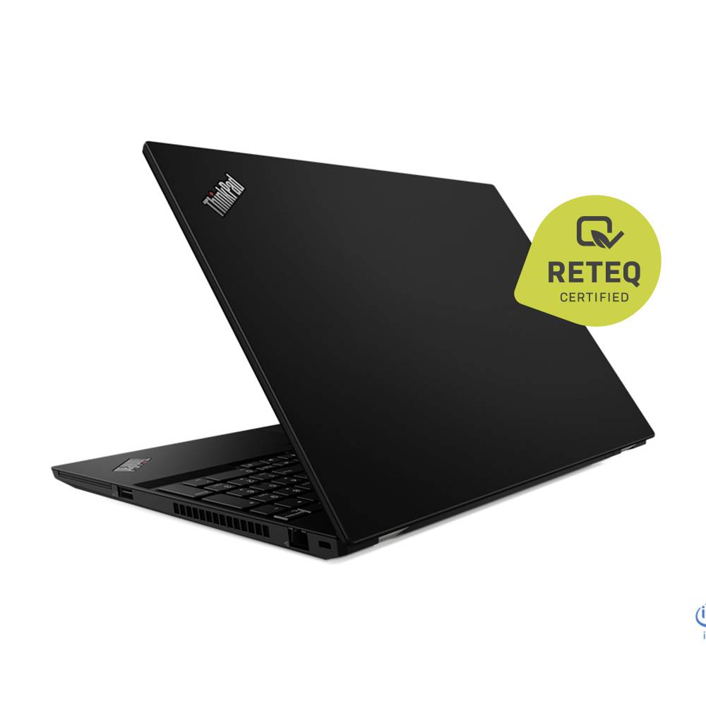 Czarny laptop z lekko uchyloną pokrywą, na której ekranie wyświetlane jest logo 'LETEQ'. Laptop jest umieszczony na białym tle.