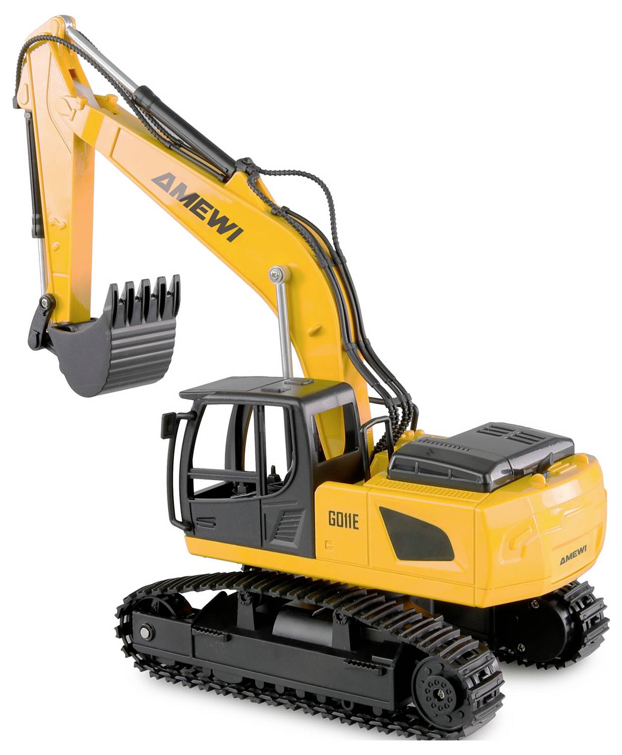 Żółty zabawkowy koparka z ruchomym ramieniem i łyżką, wyposażony w czarne gąsienice i kabinę, oznaczony marką 'Amewi'.