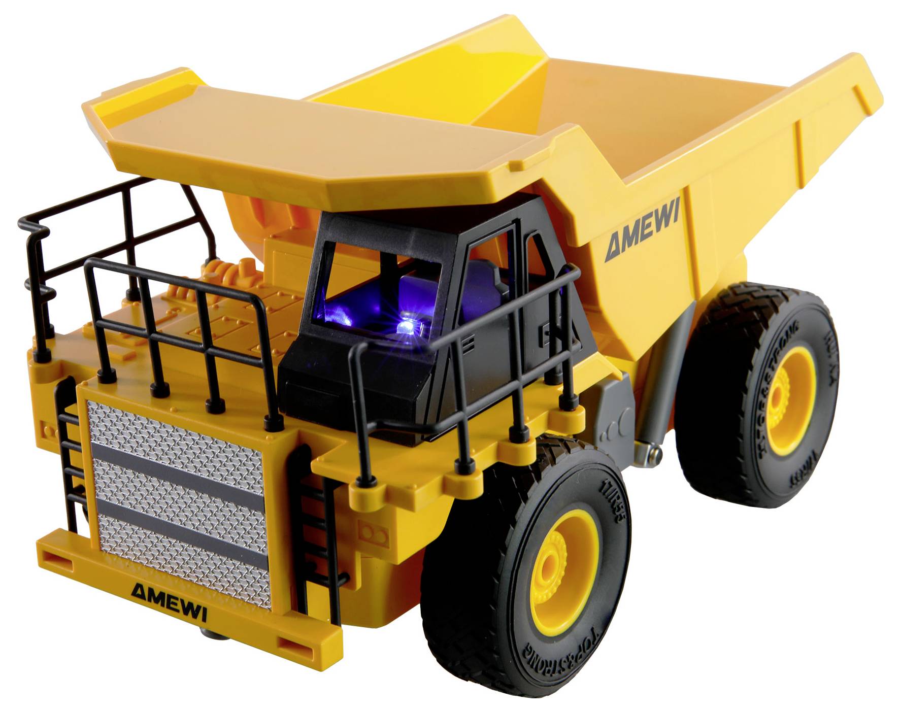 Żółta zabawkowa ciężarówka wywrotka z czarną kabiną, szczegółowo wykonaną kratką wlotu powietrza i solidnymi oponami, na białym tle. Na zabawce widoczna jest marka 'Amewi'.